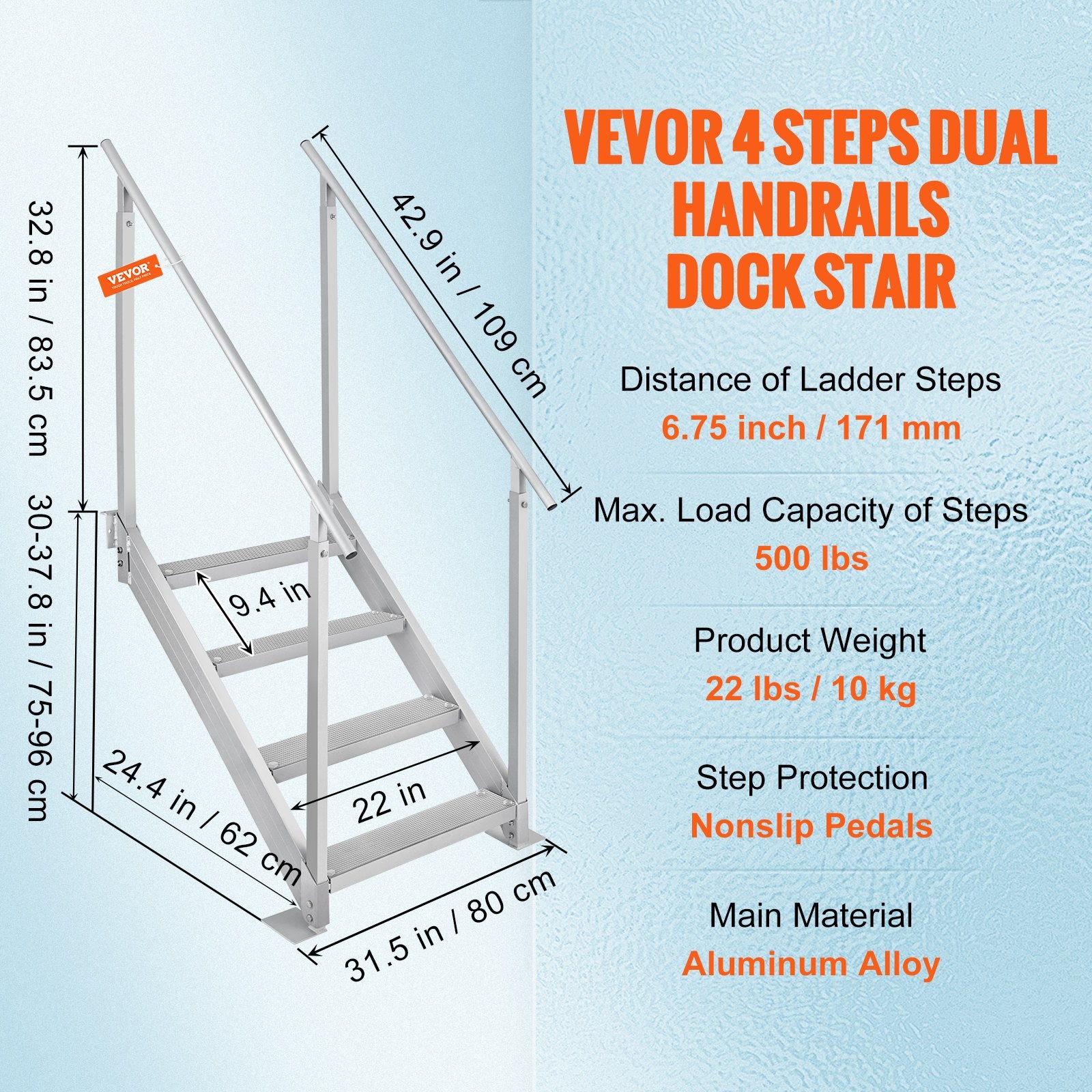 VEVOR Dock Ladder 4 Step, Dock Stairs 30''-38'' Adjustable Height, 227 kgs Load Capacity, Aluminum Pontoon Boat Ladder with Dual Handrails & Nonslip Mat for Ship/Lake/Pool/Marine Boarding