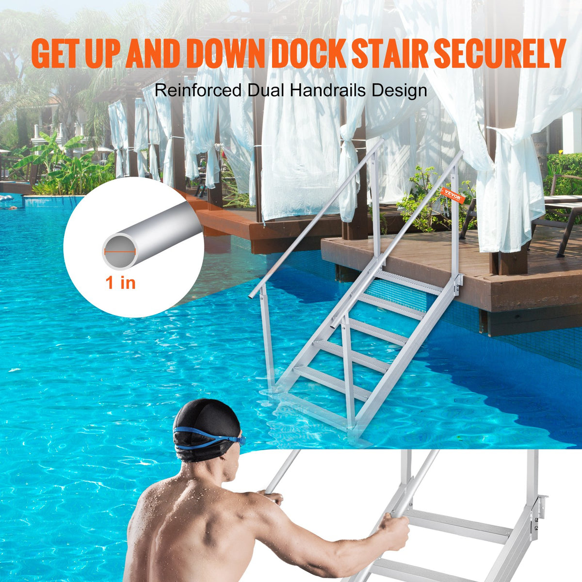 VEVOR Dock Ladder, 1.09 m-1.29 m Adjustable Height, 227 kg Load Capacity, Aluminum Alloy 6 Steps Pontoon Boat Ladder with Dual Handrails & Nonslip Mat, Ideal for Ship/Lake/Pool/Marine Boarding