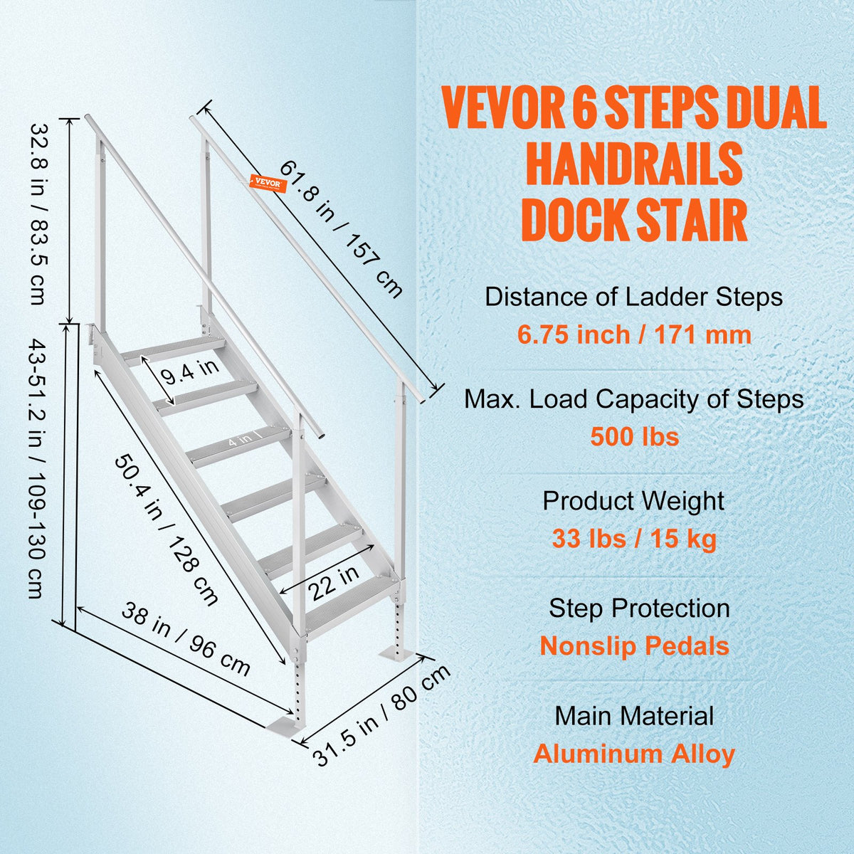 VEVOR Dock Ladder, 1.09 m-1.29 m Adjustable Height, 227 kg Load Capacity, Aluminum Alloy 6 Steps Pontoon Boat Ladder with Dual Handrails & Nonslip Mat, Ideal for Ship/Lake/Pool/Marine Boarding