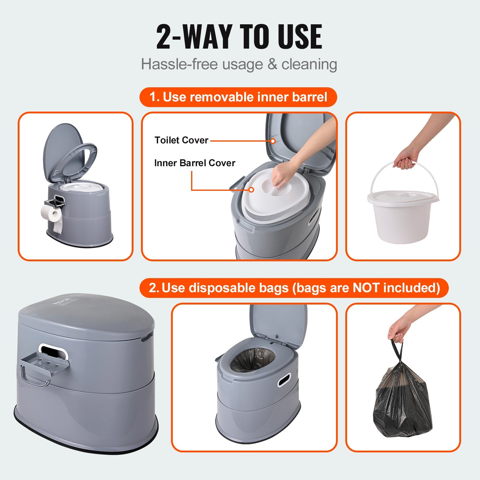 VEVOR Portable Toilet for Camping, Porta Potty with 5L Detachable Inner Bucket & Removable Paper Holder, Commode with Dual Lids, Travel Toilet for Adults Kids Outdoor Camping Car Long Road Trips