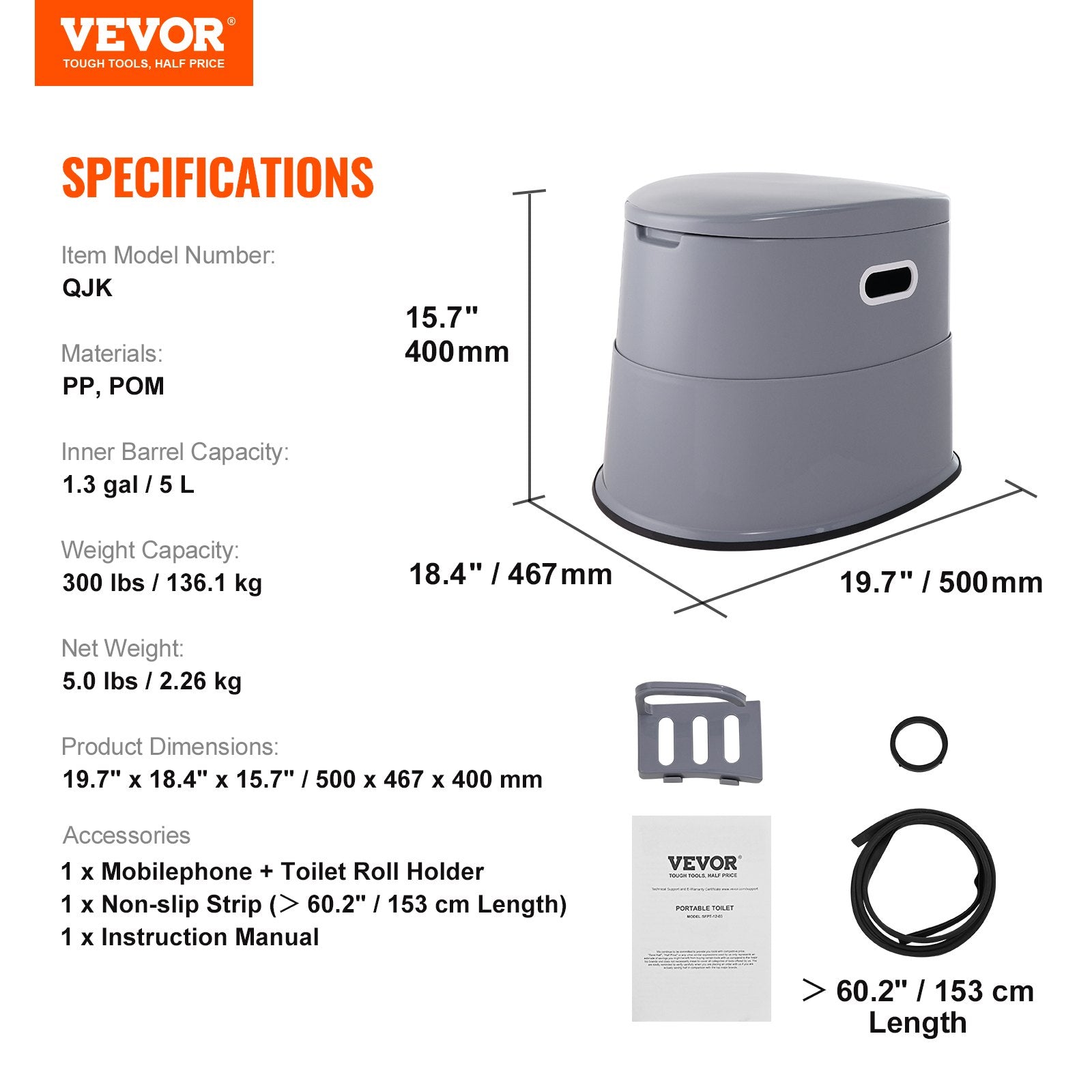 VEVOR Portable Toilet for Camping, Porta Potty with 5L Detachable Inner Bucket & Removable Paper Holder, Commode with Dual Lids, Travel Toilet for Adults Kids Outdoor Camping Car Long Road Trips