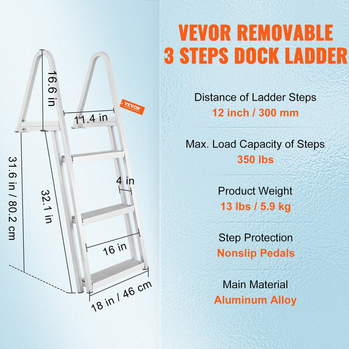 VEVOR Dock Ladder, Removable 3 Steps, 159 kg Load Capacity, Aluminum Alloy Pontoon Boat Ladder with 101.6 mm Wide Step & Nonslip Rubber Mat, Easy to Install for Ship/Lake/Pool/Marine Boarding