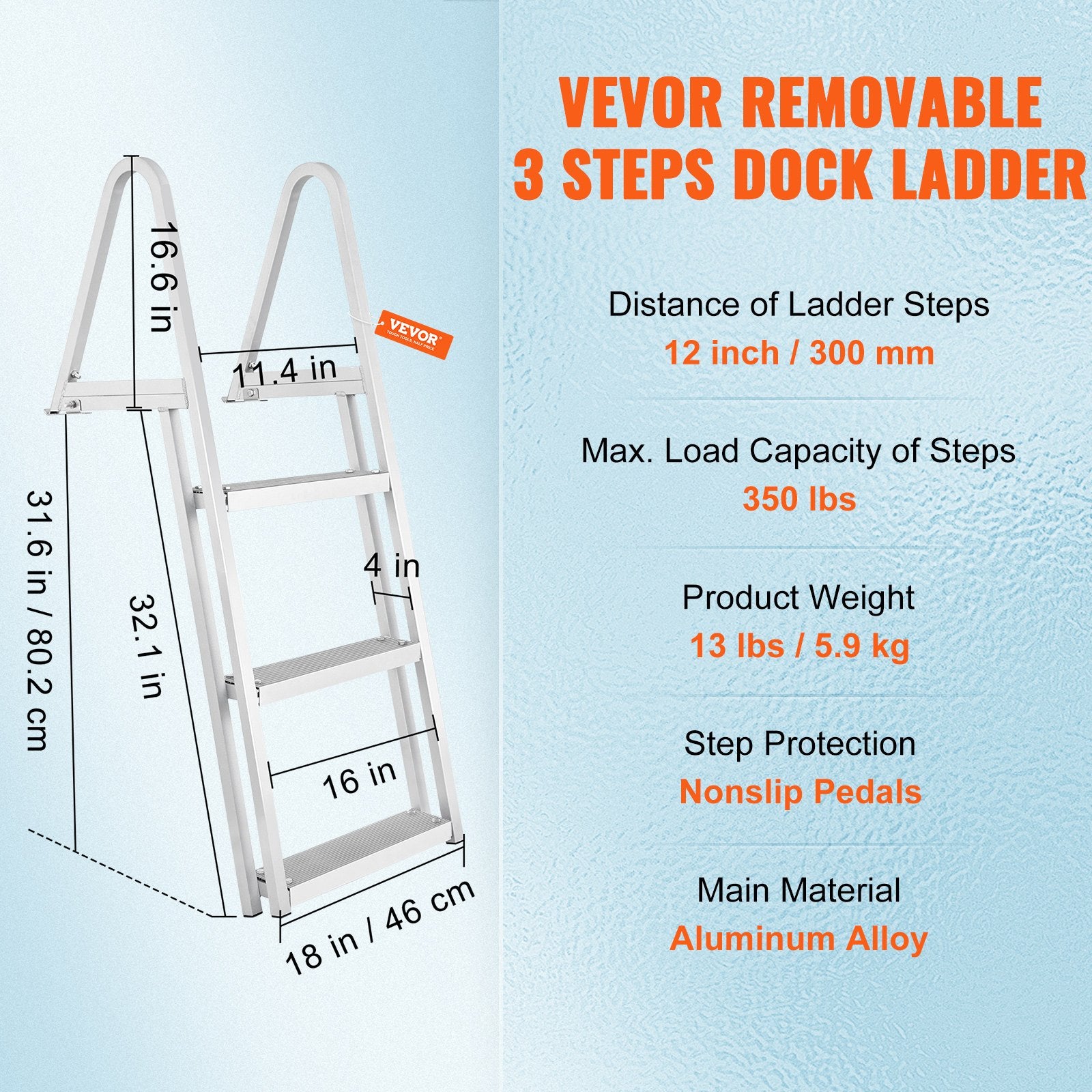 VEVOR Dock Ladder, Removable 3 Steps, 159 kg Load Capacity, Aluminum Alloy Pontoon Boat Ladder with 101.6 mm Wide Step & Nonslip Rubber Mat, Easy to Install for Ship/Lake/Pool/Marine Boarding
