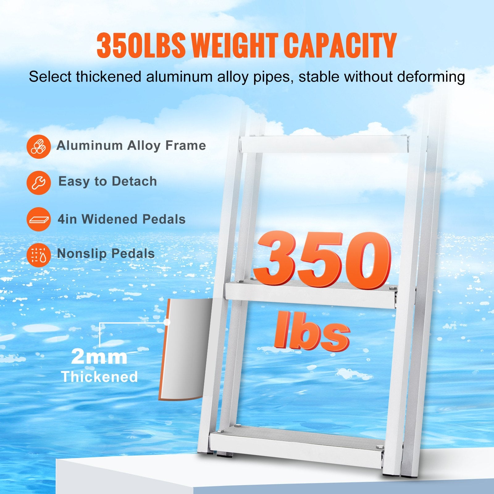VEVOR Dock Ladder, Removable 4 Steps, 350 lbs Load Capacity, Aluminum Alloy Pontoon Boat Ladder with 4'' Wide Step & Nonslip Mat, Easy to Install for Ship/Lake/Pool/Marine Boarding