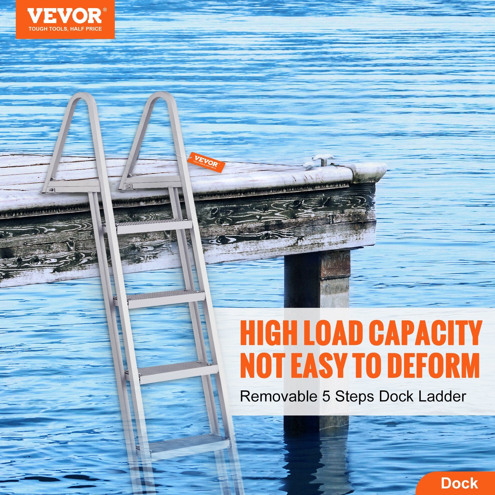 VEVOR Removable Dock Ladder 5 Steps, 159 kg Load Capacity, Pontoon Boat Ladder with 4'' Wide Step & Nonslip Design for Ship/Lake/Pool/Marine Boarding