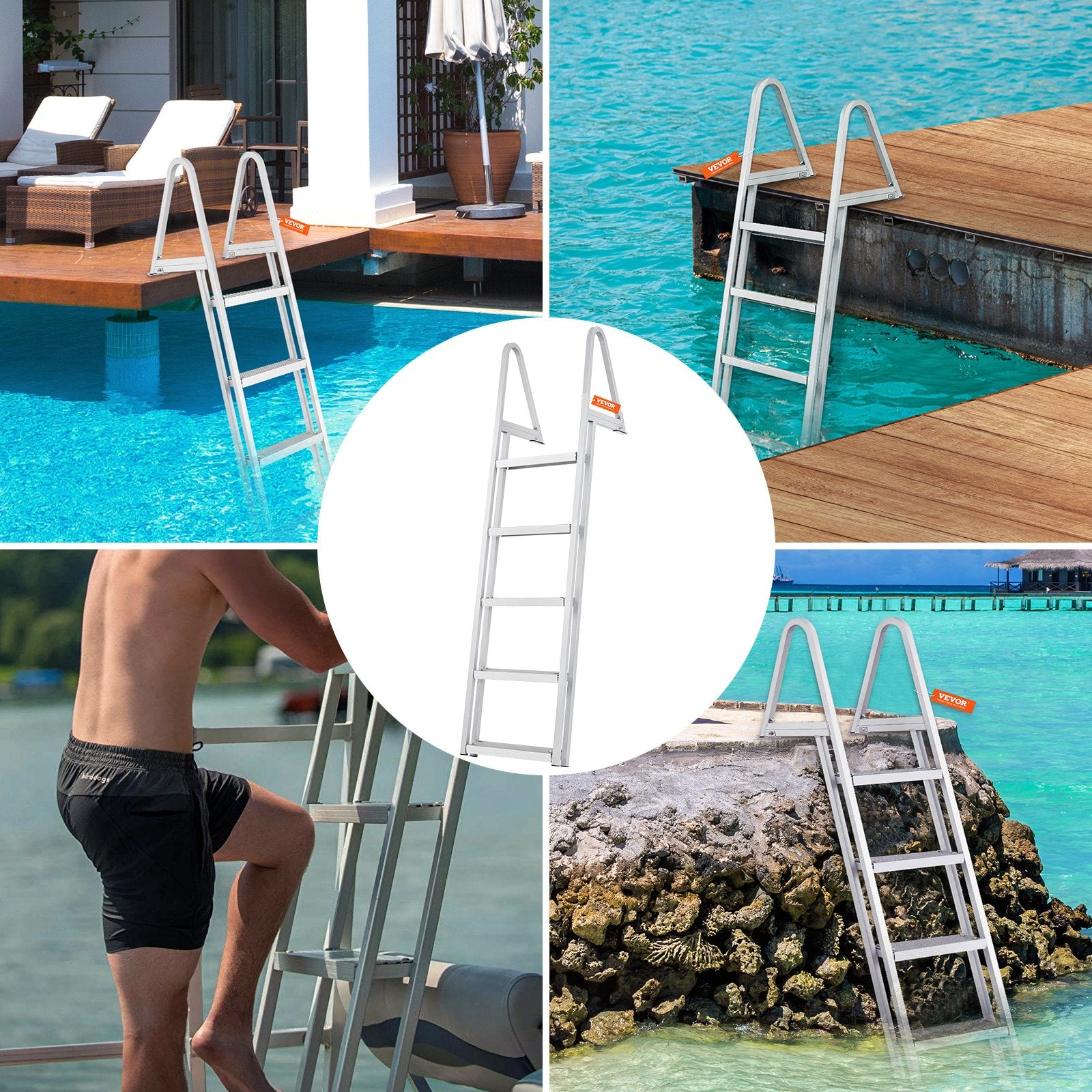 VEVOR Removable Dock Ladder 5 Steps, 159 kg Load Capacity, Pontoon Boat Ladder with 4'' Wide Step & Nonslip Design for Ship/Lake/Pool/Marine Boarding