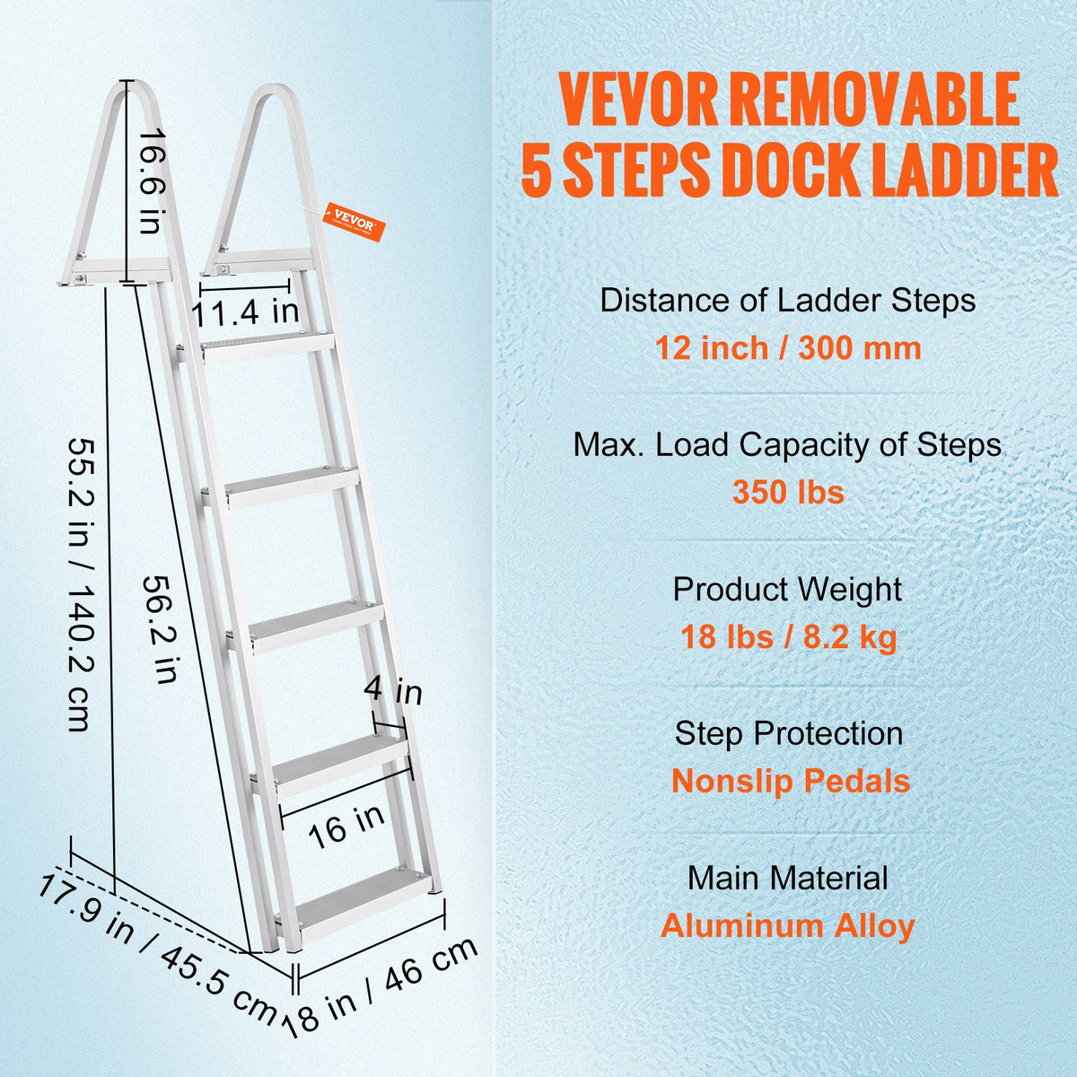 VEVOR Removable Dock Ladder 5 Steps, 159 kg Load Capacity, Pontoon Boat Ladder with 4'' Wide Step & Nonslip Design for Ship/Lake/Pool/Marine Boarding