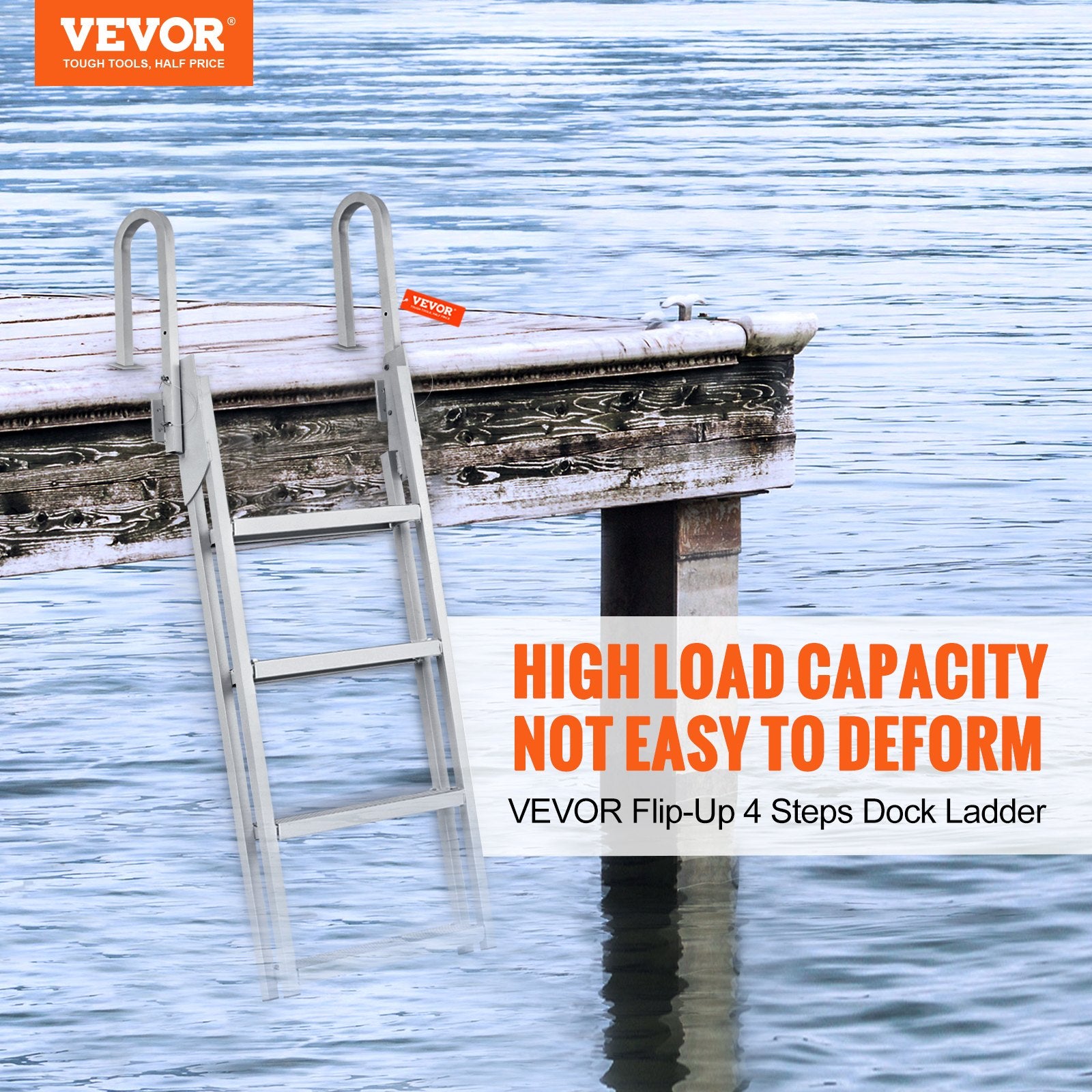 VEVOR Dock Ladder Flip Up 4 Steps, 159 kg Load Capacity, Aluminum Pontoon Boat Ladder with 4" Wide Step & Nonslip Mat,Swimm Step Ladder for Ship/Lake/Pool/Marine Boarding