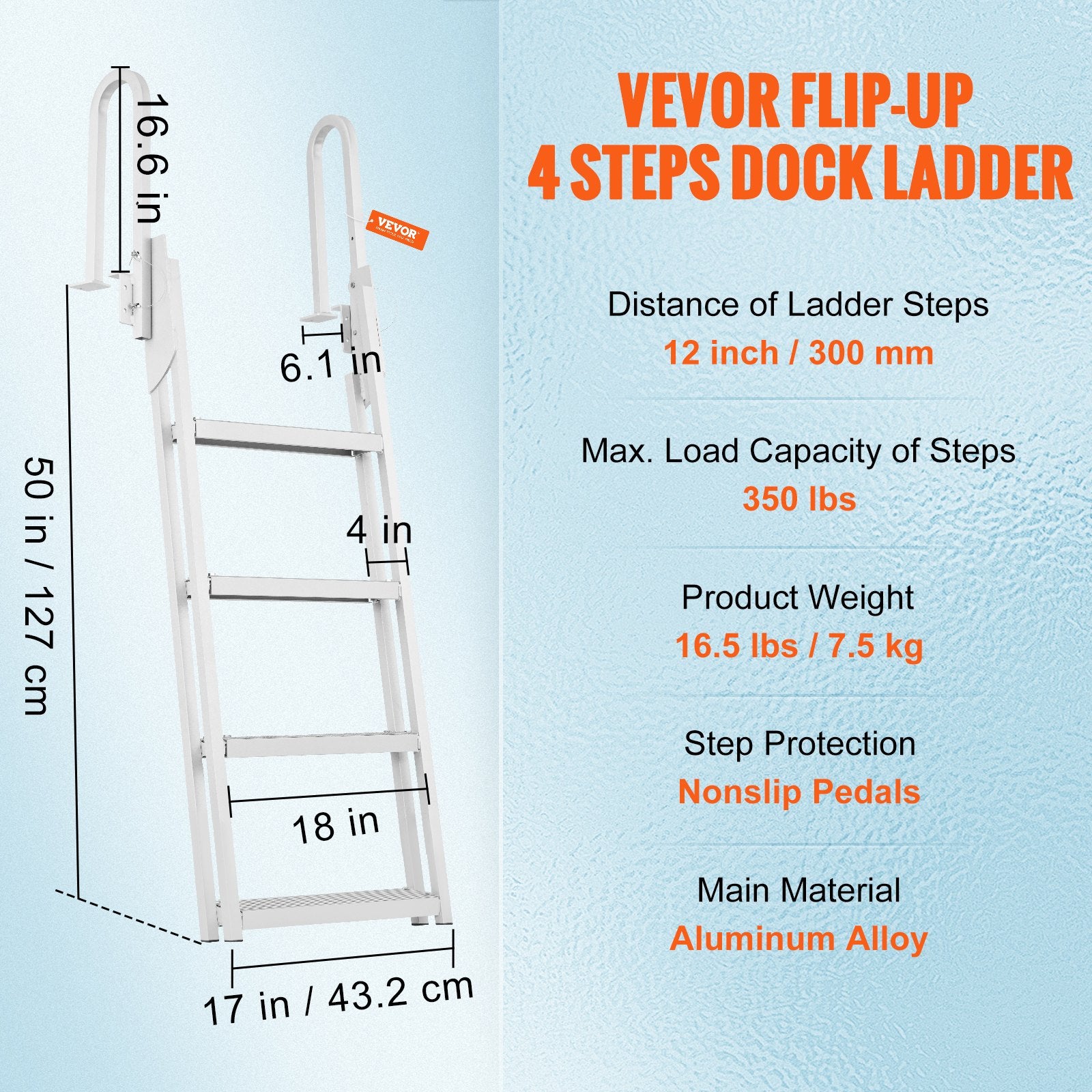 VEVOR Dock Ladder Flip Up 4 Steps, 159 kg Load Capacity, Aluminum Pontoon Boat Ladder with 4" Wide Step & Nonslip Mat,Swimm Step Ladder for Ship/Lake/Pool/Marine Boarding