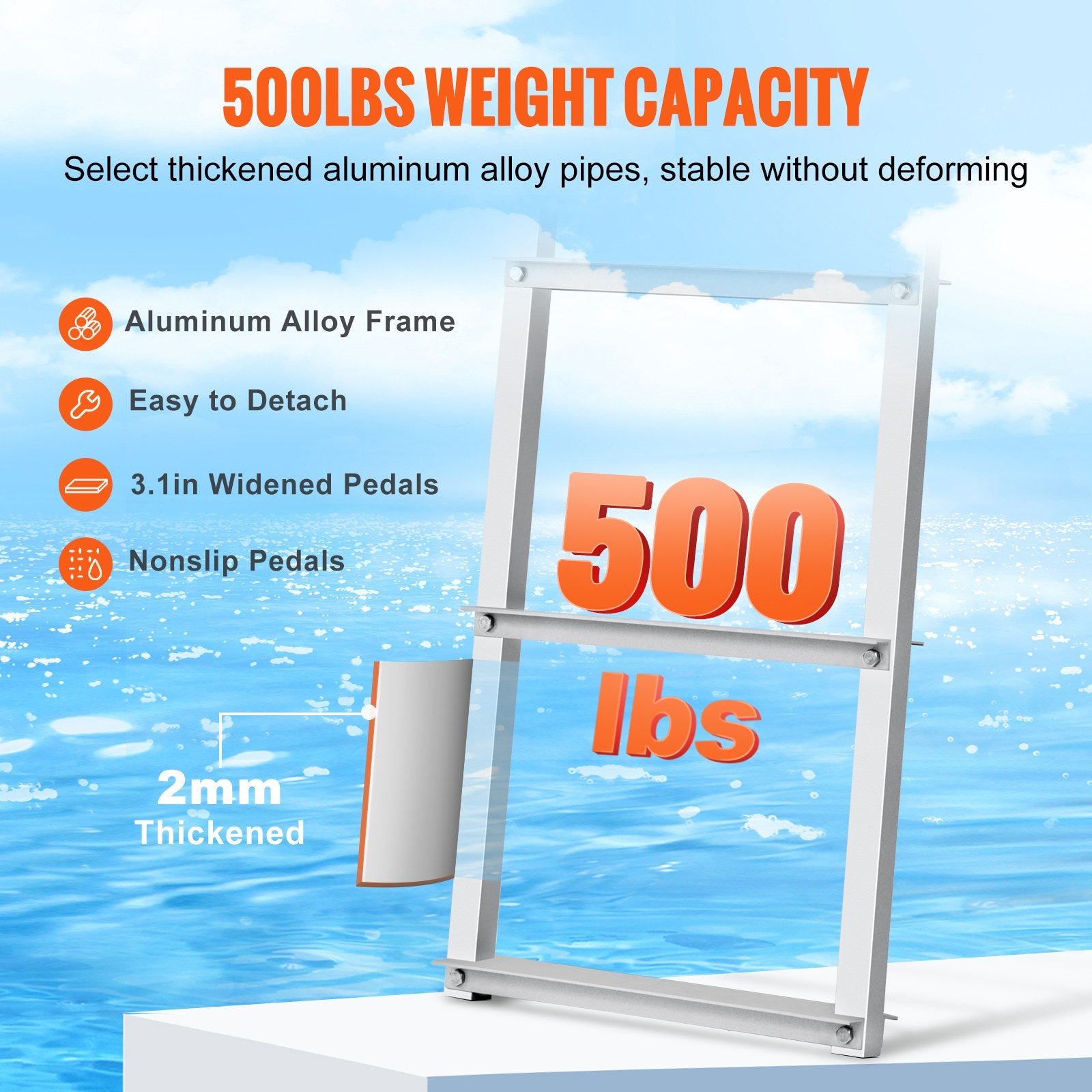 VEVOR Dock Ladder, Removable 5 Steps, 227 kgs Load Capacity, Aluminum Alloy Pontoon Boat Ladder with 3.1'' Wide Step & Nonslip Rubber Mat, Easy to Install for Ship/Lake/Pool/Marine Boarding