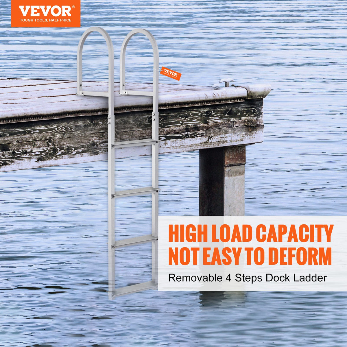 VEVOR Dock Ladder, Removable 4 Steps, 500 lbs Load Capacity, Aluminum Alloy Pontoon Boat Ladder with 3.1'' Wide Step & Nonslip Rubber Mat, Easy to Install for Ship/Lake/Pool/Marine Boarding