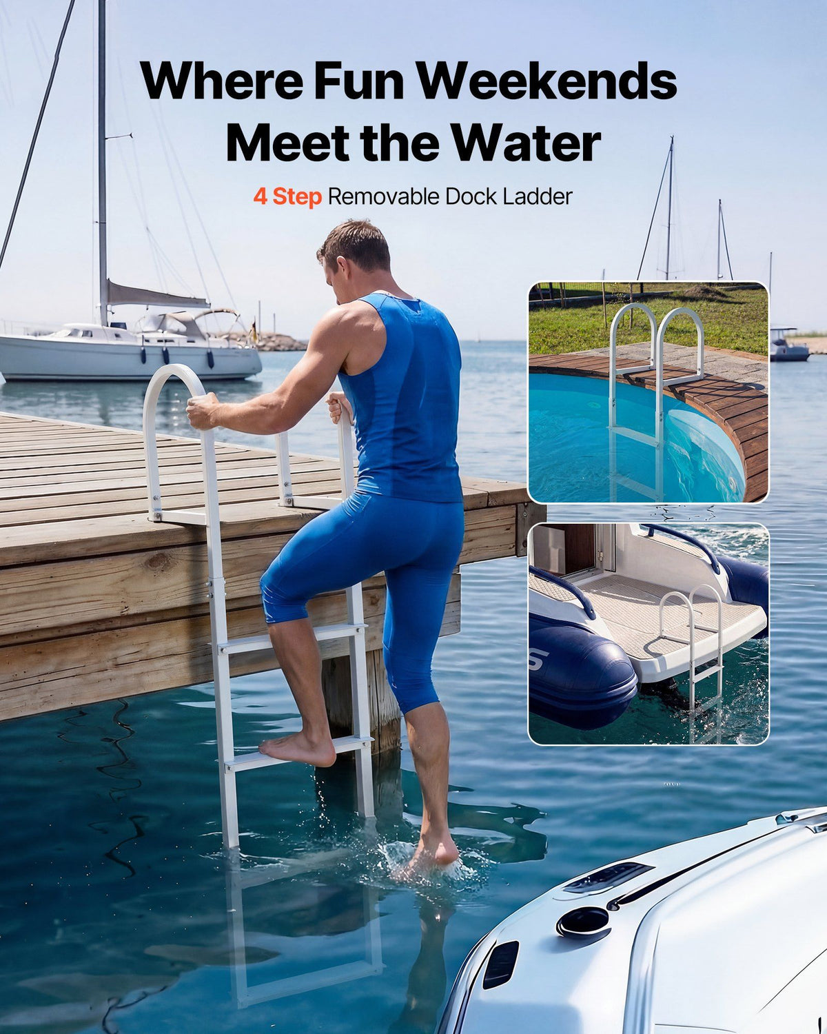 Removable Dock Ladder, 4 Steps, Aluminum Alloy Pontoon Boat Swim Ladder, with Non-Slip Wide Steps, 227 kg Weight Capacity, Quick Release Design, for Lake Swimming, Pool, Boat, Marine Boarding