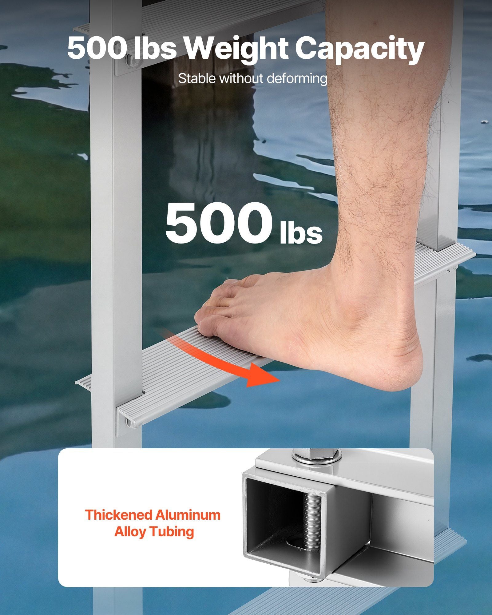 Removable Dock Ladder, 4 Steps, Aluminum Alloy Pontoon Boat Swim Ladder, with Non-Slip Wide Steps, 227 kg Weight Capacity, Quick Release Design, for Lake Swimming, Pool, Boat, Marine Boarding