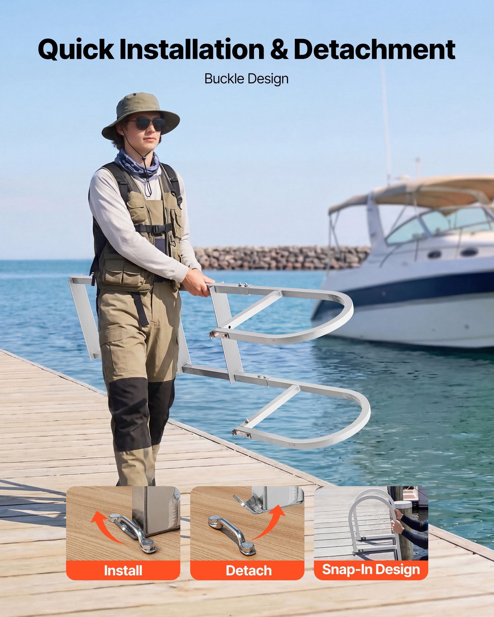 Removable Dock Ladder, 4 Steps, Aluminum Alloy Pontoon Boat Swim Ladder, with Non-Slip Wide Steps, 227 kg Weight Capacity, Quick Release Design, for Lake Swimming, Pool, Boat, Marine Boarding