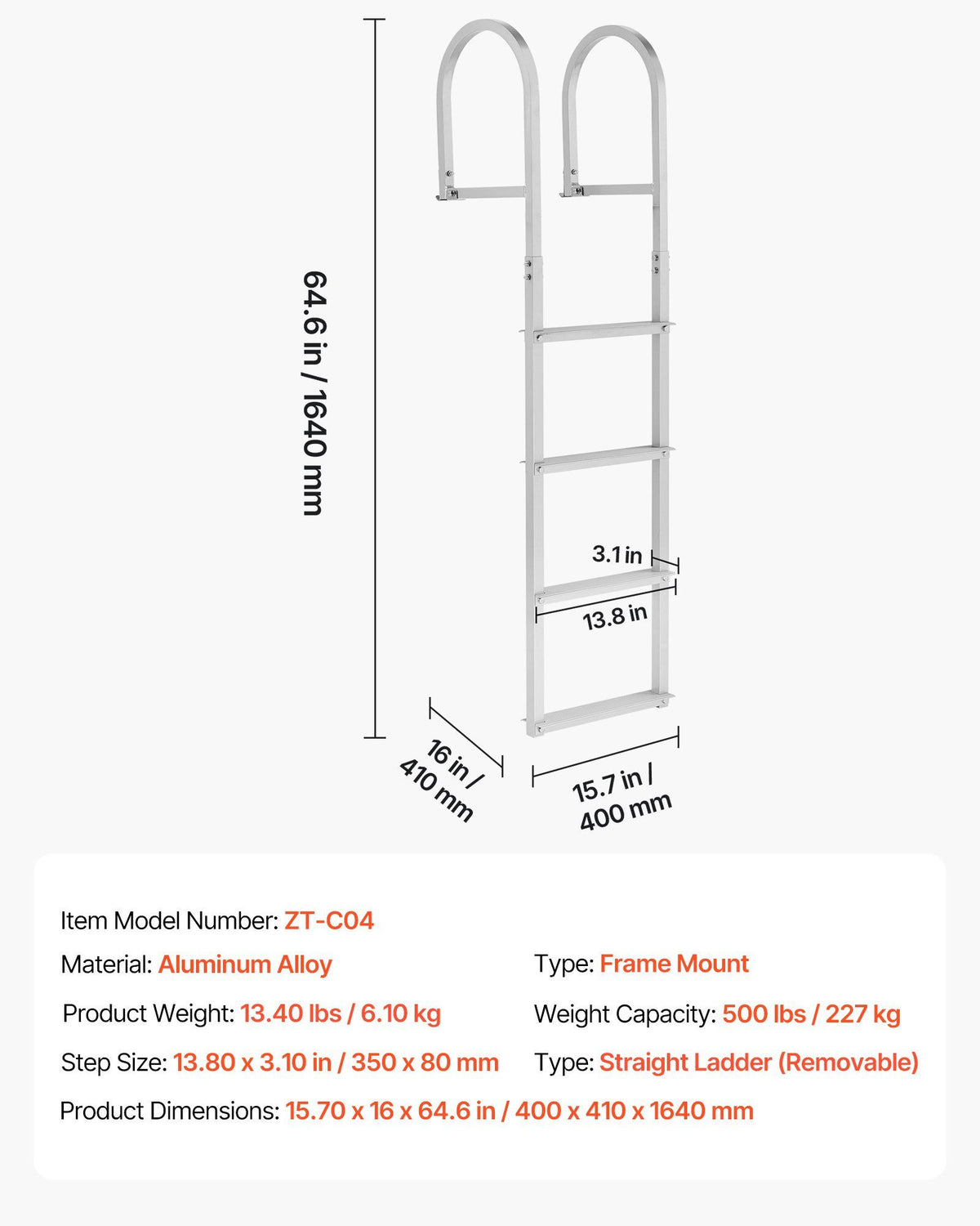 Removable Dock Ladder, 4 Steps, Aluminum Alloy Pontoon Boat Swim Ladder, with Non-Slip Wide Steps, 227 kg Weight Capacity, Quick Release Design, for Lake Swimming, Pool, Boat, Marine Boarding