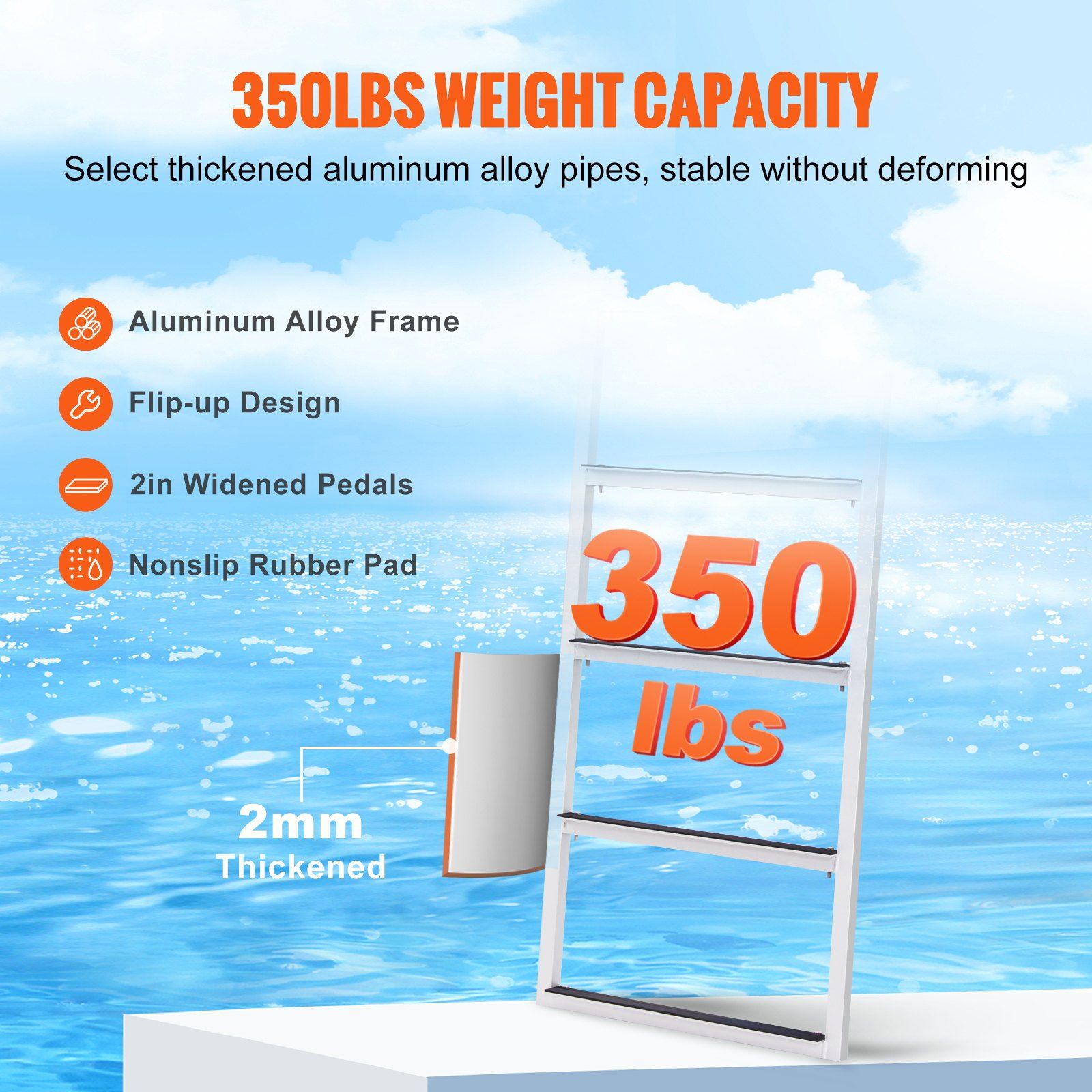 Dock Ladder, Flip-Up 5 Steps, 350 lbs Load Capacity, Aluminum Alloy Pontoon Boat Ladder with 2'' Wide Step & Nonslip Rubber Mat, Easy to Install for Ship/Lake/Pool/Marine Boarding