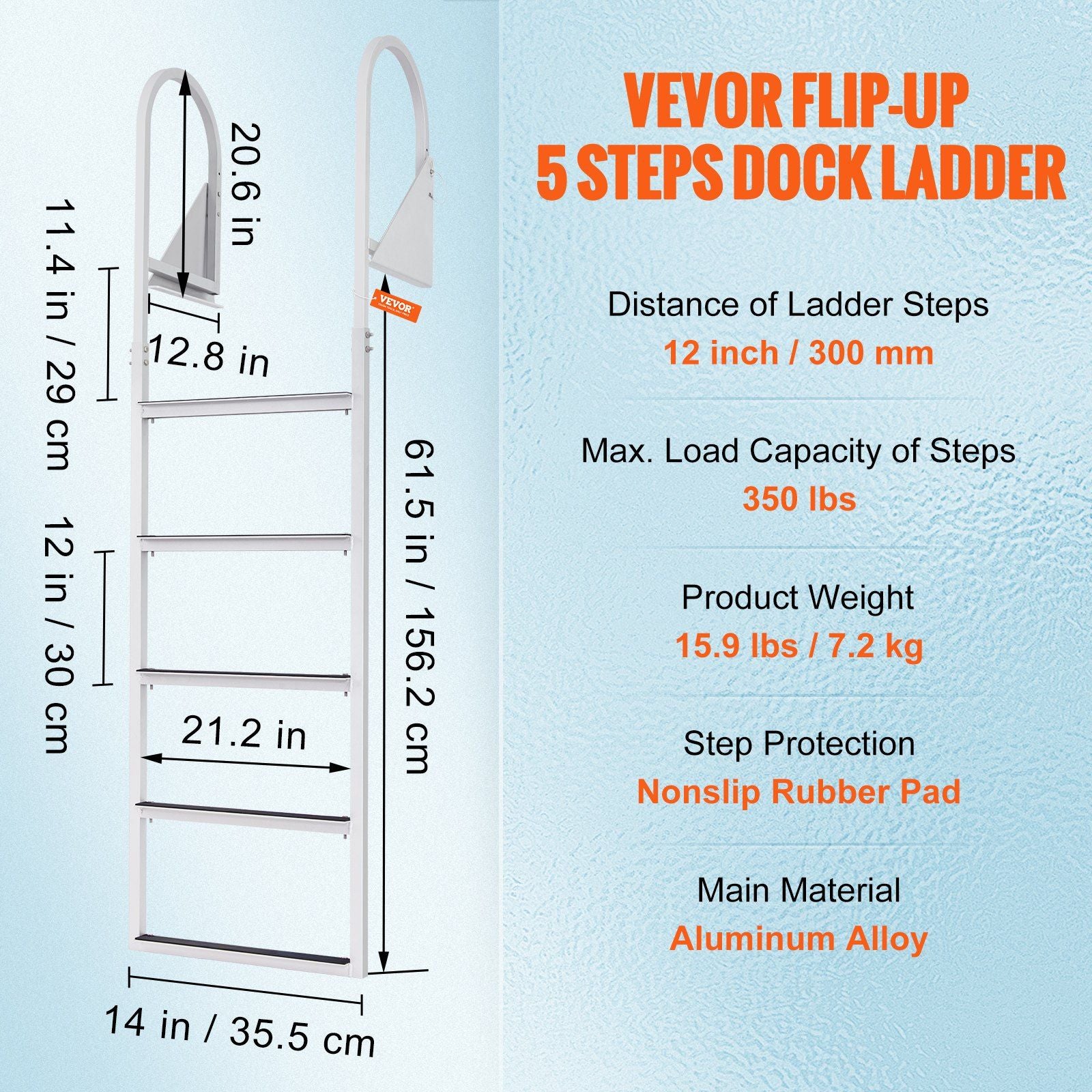 Dock Ladder, Flip-Up 5 Steps, 350 lbs Load Capacity, Aluminum Alloy Pontoon Boat Ladder with 2'' Wide Step & Nonslip Rubber Mat, Easy to Install for Ship/Lake/Pool/Marine Boarding