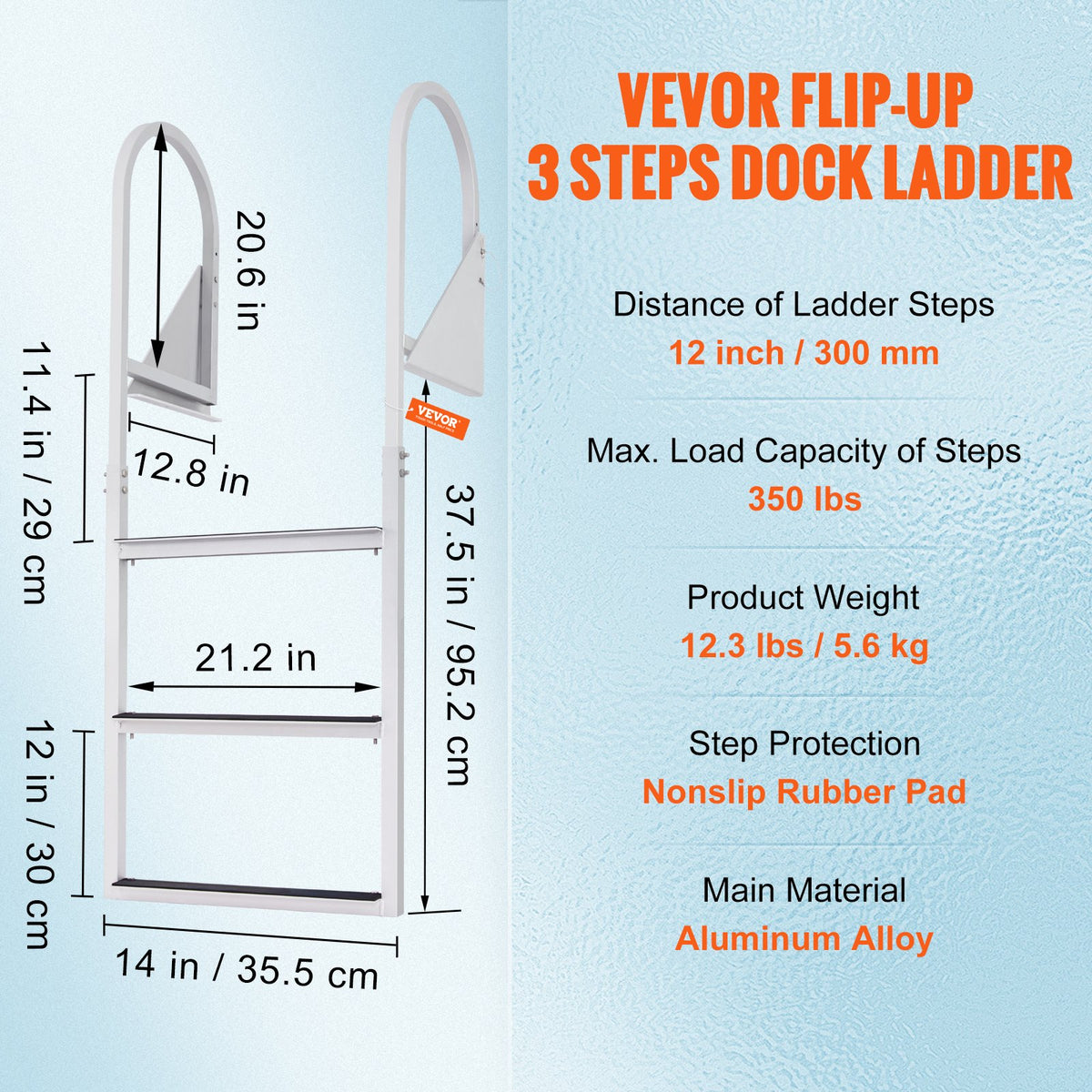 VEVOR Dock Ladder, Flip-Up 3 Steps, 159 kg Load Capacity, Aluminum Alloy Pontoon Boat Ladder with 50.8 mm Wide Step & Nonslip Rubber Mat, Easy to Install for Ship/Lake/Pool/Marine Boarding