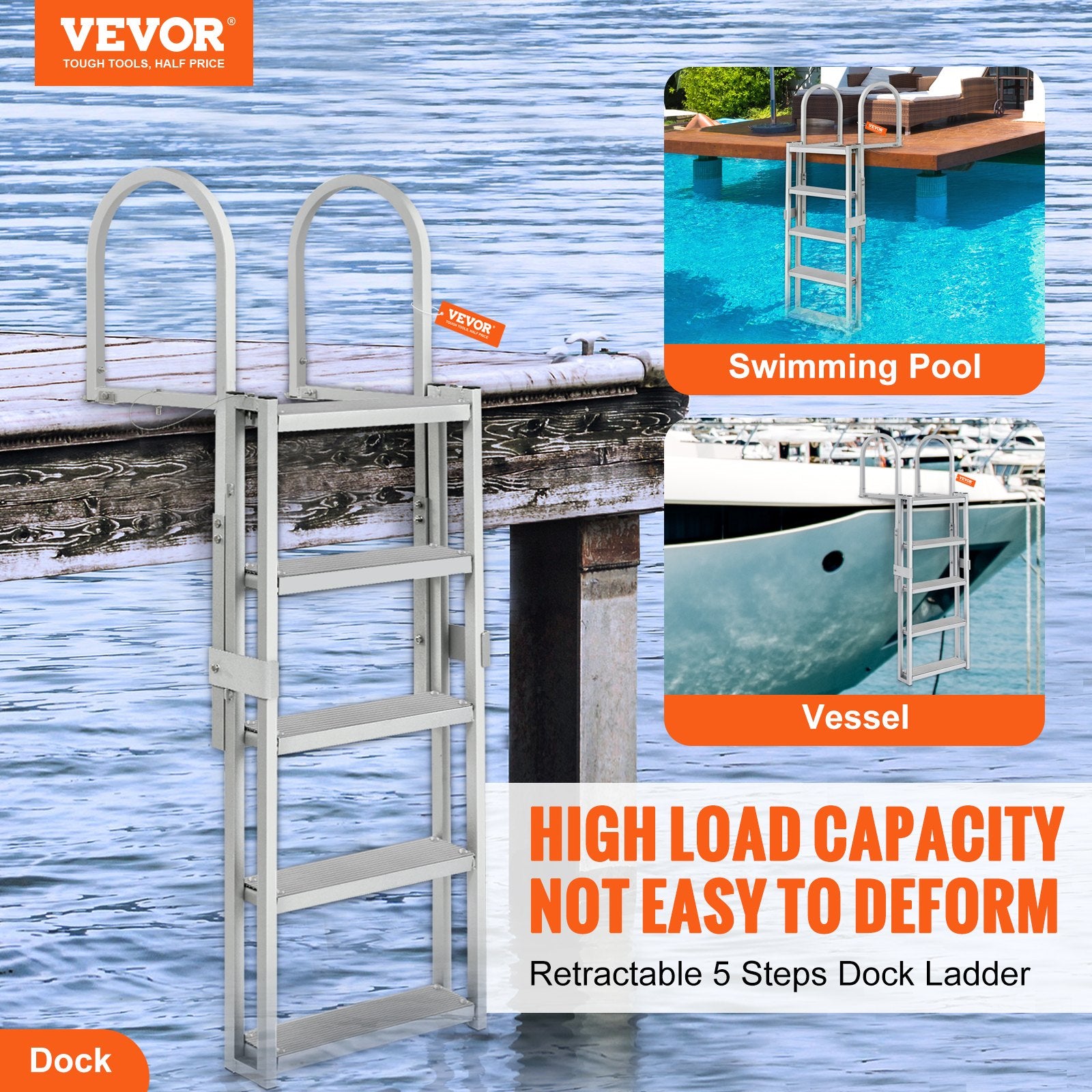 VEVOR Dock Ladder, Retractable 5 Steps, 350 lbs Load Capacity, Aluminum Alloy Pontoon Boat Ladder with 66.9''-78.9'' Adjustable Height, 4'' Wide Step & Mat, for Ship/Lake/Pool/Marine Boarding