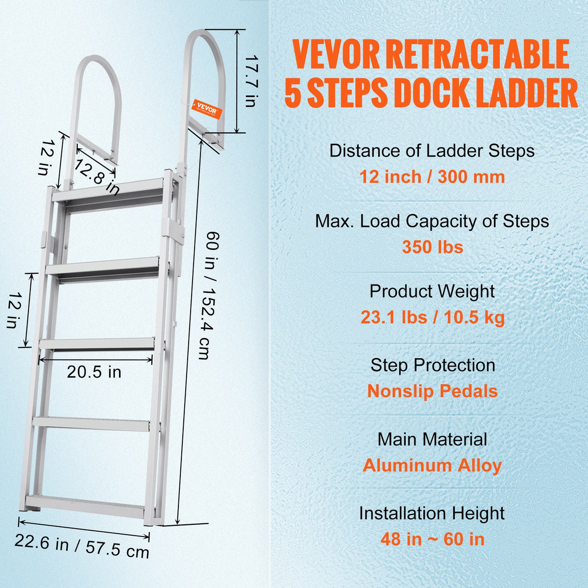 VEVOR Dock Ladder, Retractable 5 Steps, 350 lbs Load Capacity, Aluminum Alloy Pontoon Boat Ladder with 66.9''-78.9'' Adjustable Height, 4'' Wide Step & Mat, for Ship/Lake/Pool/Marine Boarding