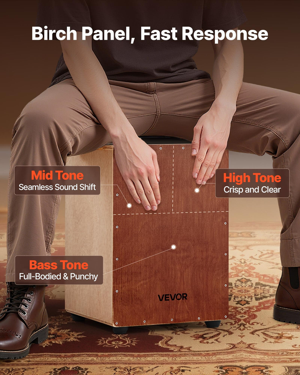 VEVOR Cajon Box Drum, with Internal Snare Wires, Lightweight Wooden Percussion Box, Portable Birch Wood Drum Musical Instrument with Silicone Feet, for Beginners and Professionals, 305 x 305 x 430 mm