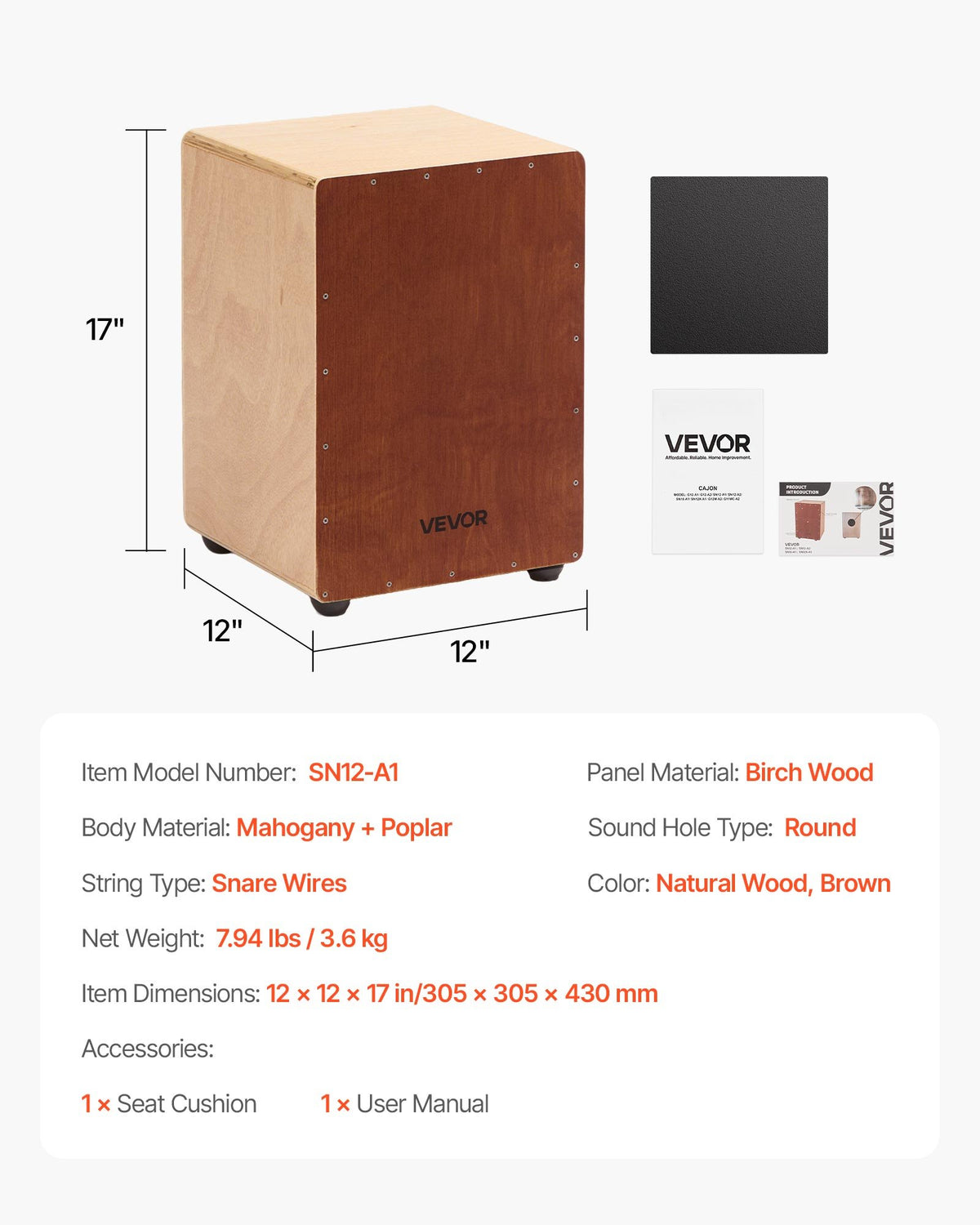 VEVOR Cajon Box Drum, with Internal Snare Wires, Lightweight Wooden Percussion Box, Portable Birch Wood Drum Musical Instrument with Silicone Feet, for Beginners and Professionals, 305 x 305 x 430 mm