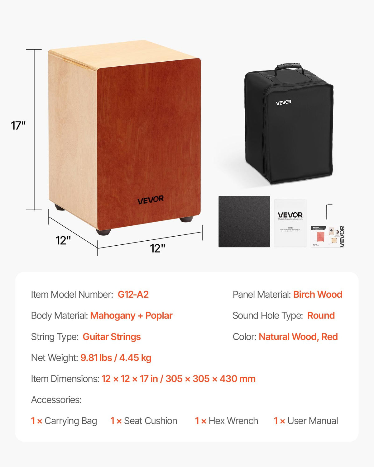 VEVOR Cajon Box Drum, with Internal Guitar Strings, Lightweight Wooden Percussion Box, Portable Birch Wood Drum Musical Instrument with Travel Bag, for Beginners and Professionals, 305 x 305 x 430 mm