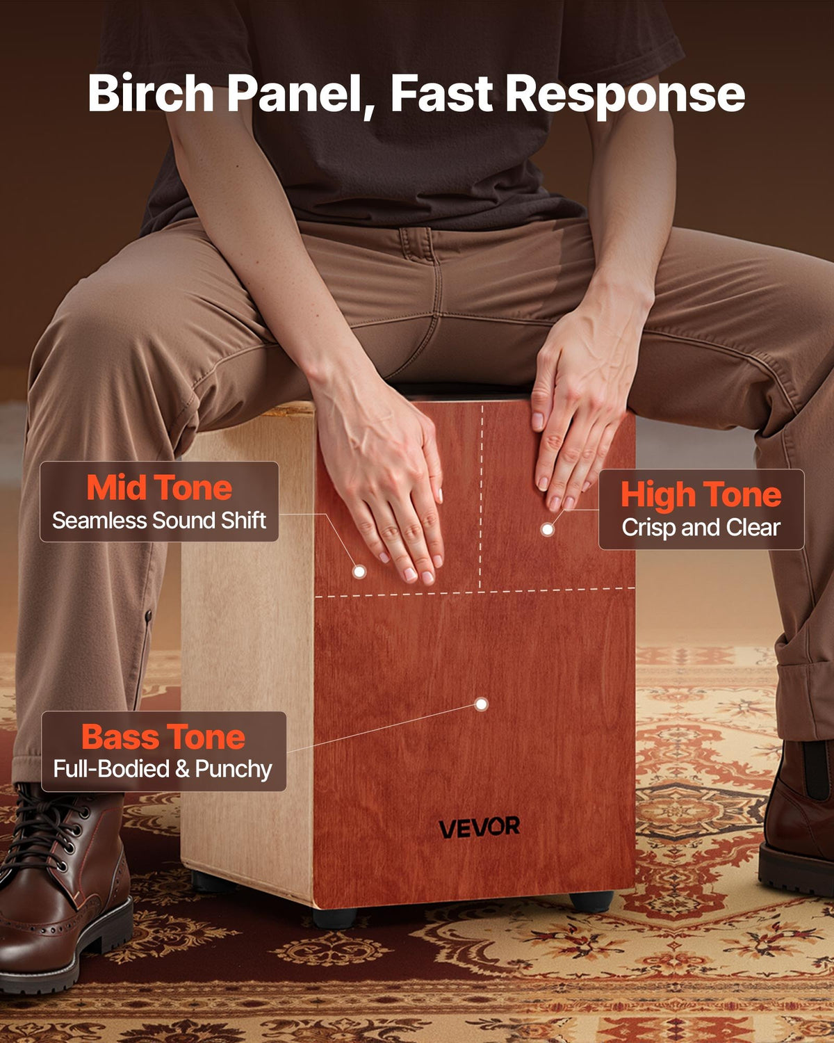 VEVOR Cajon Box Drum, with Internal Guitar Strings, Lightweight Wooden Percussion Box, Portable Birch Wood Drum Musical Instrument with Silicone Feet, for Beginner & Professional, 305 x 305 x 430 mm