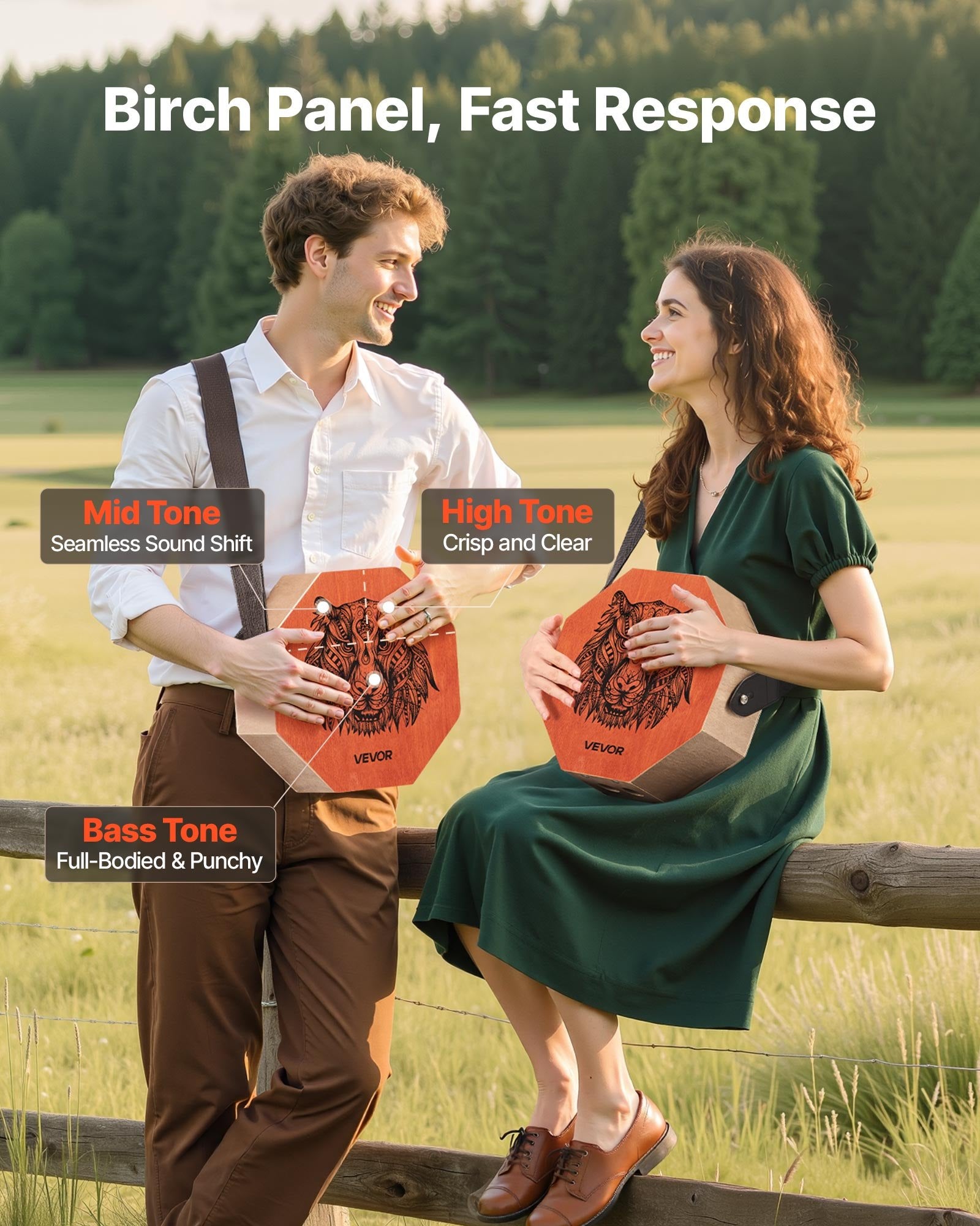 VEVOR Unique Cajon Box Drum, with Internal  Guitar Strings, Portable Wooden Percussion Box, Birch Wood Drum Musical Instrument with Adjustable Strap, for Beginners & Professionals, 295 x 295 x 100 mm