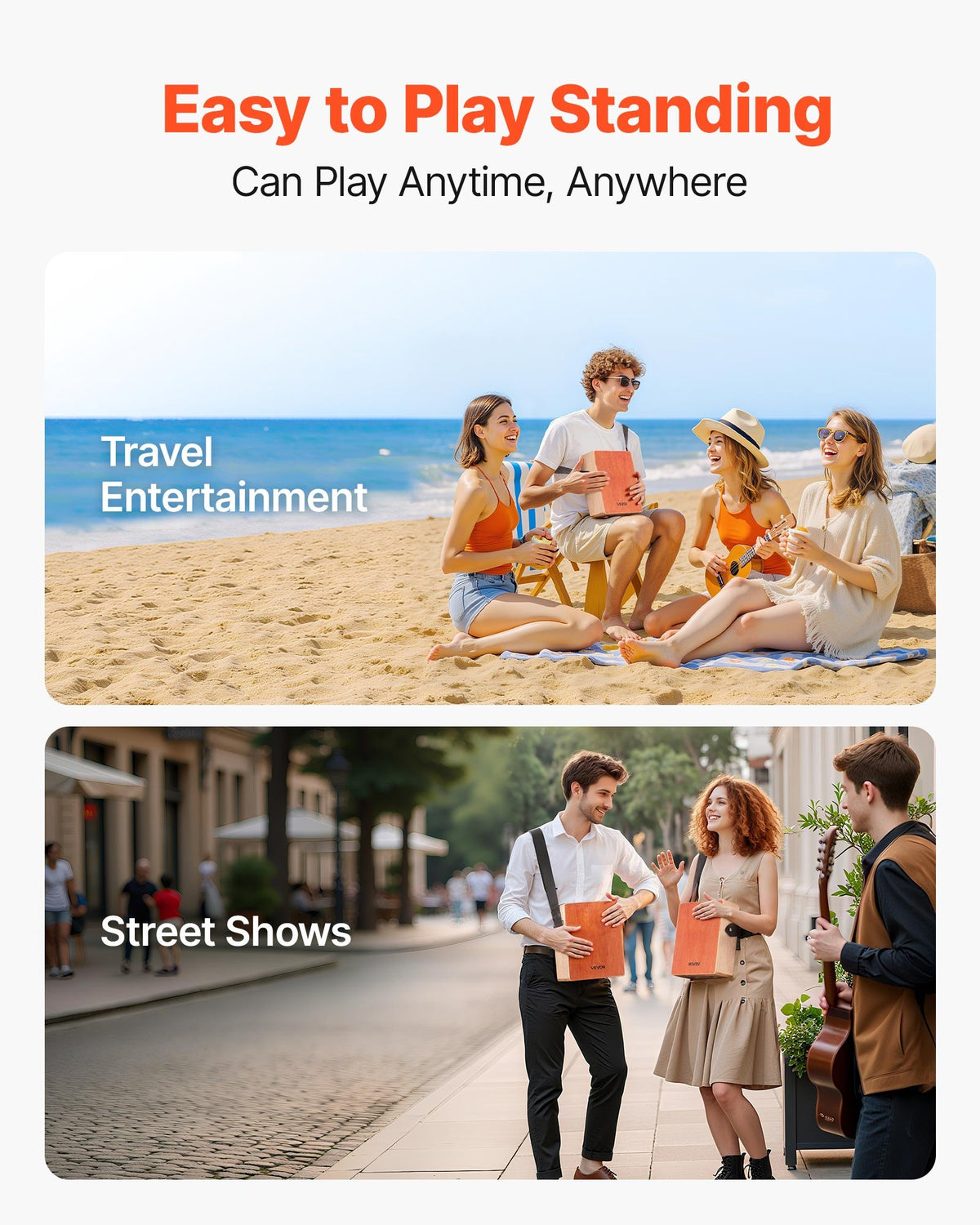 VEVOR Cajon Box Drum, with Internal Guitar Strings, Lightweight Wooden Percussion Box, Portable Birch Wood Drum with Travel Bag, Adjustable Strap, for Beginners and Professionals, 230 x 100 x 280 mm