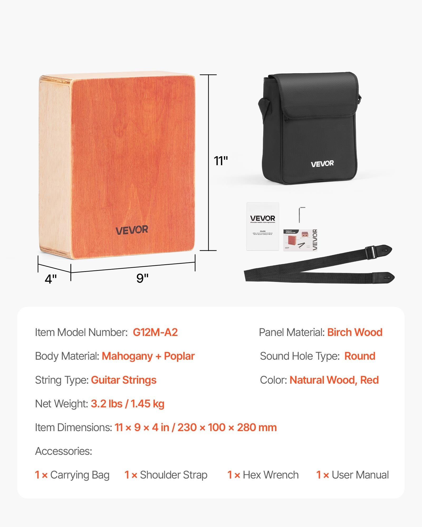 VEVOR Cajon Box Drum, with Internal Guitar Strings, Lightweight Wooden Percussion Box, Portable Birch Wood Drum with Travel Bag, Adjustable Strap, for Beginners and Professionals, 230 x 100 x 280 mm