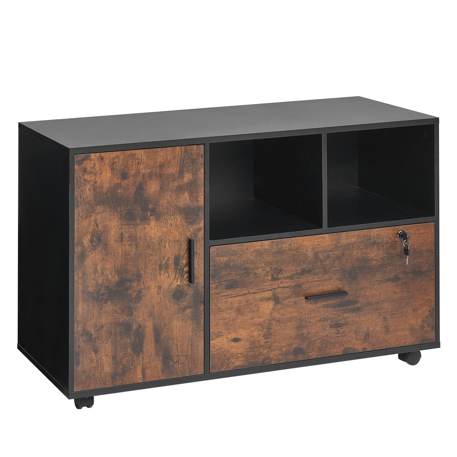 VEVOR Wood File Cabinet Lockable Mobile Filing Cabinet Open Shelves Rustic Brown