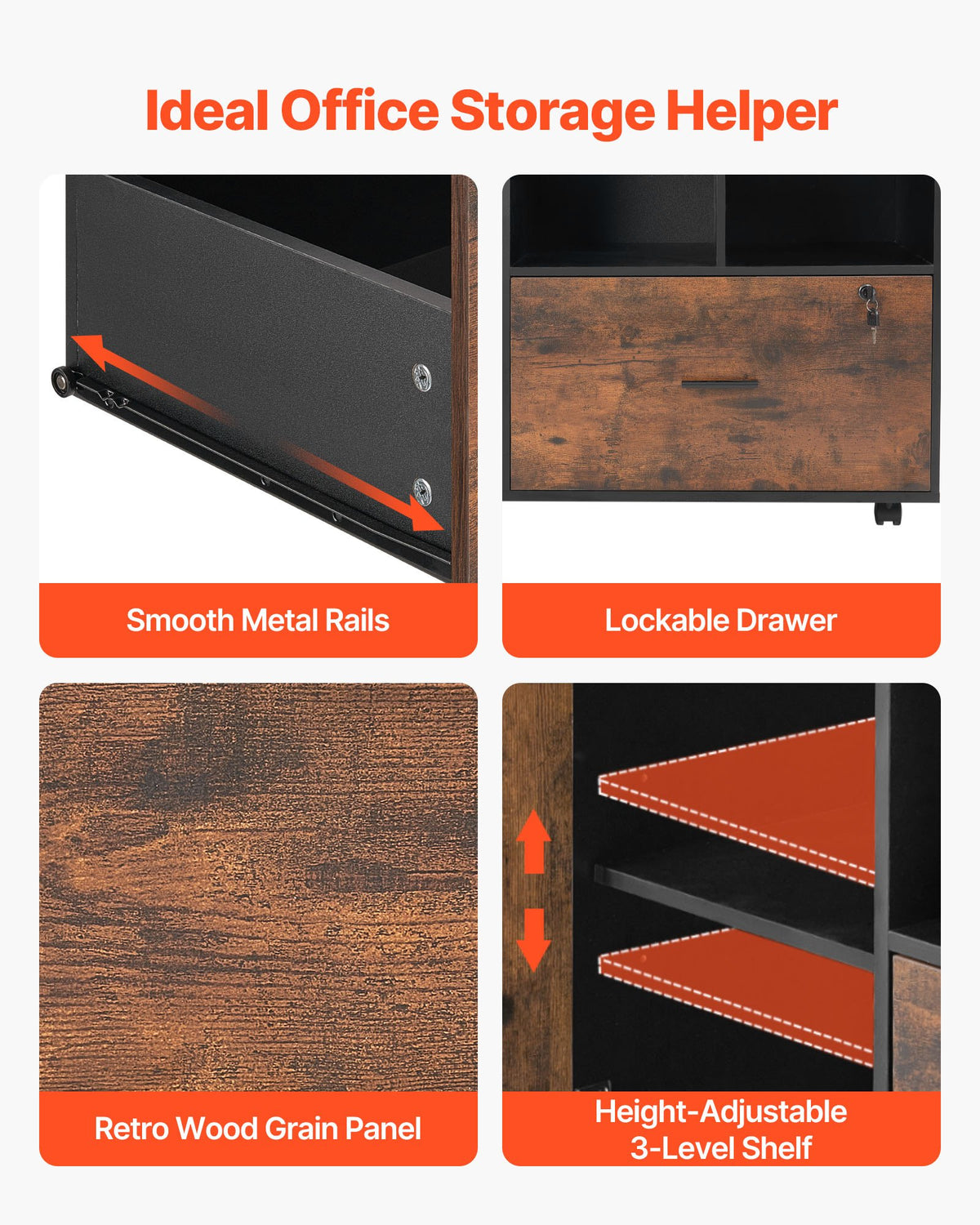 VEVOR Wood File Cabinet Lockable Mobile Filing Cabinet Open Shelves Rustic Brown