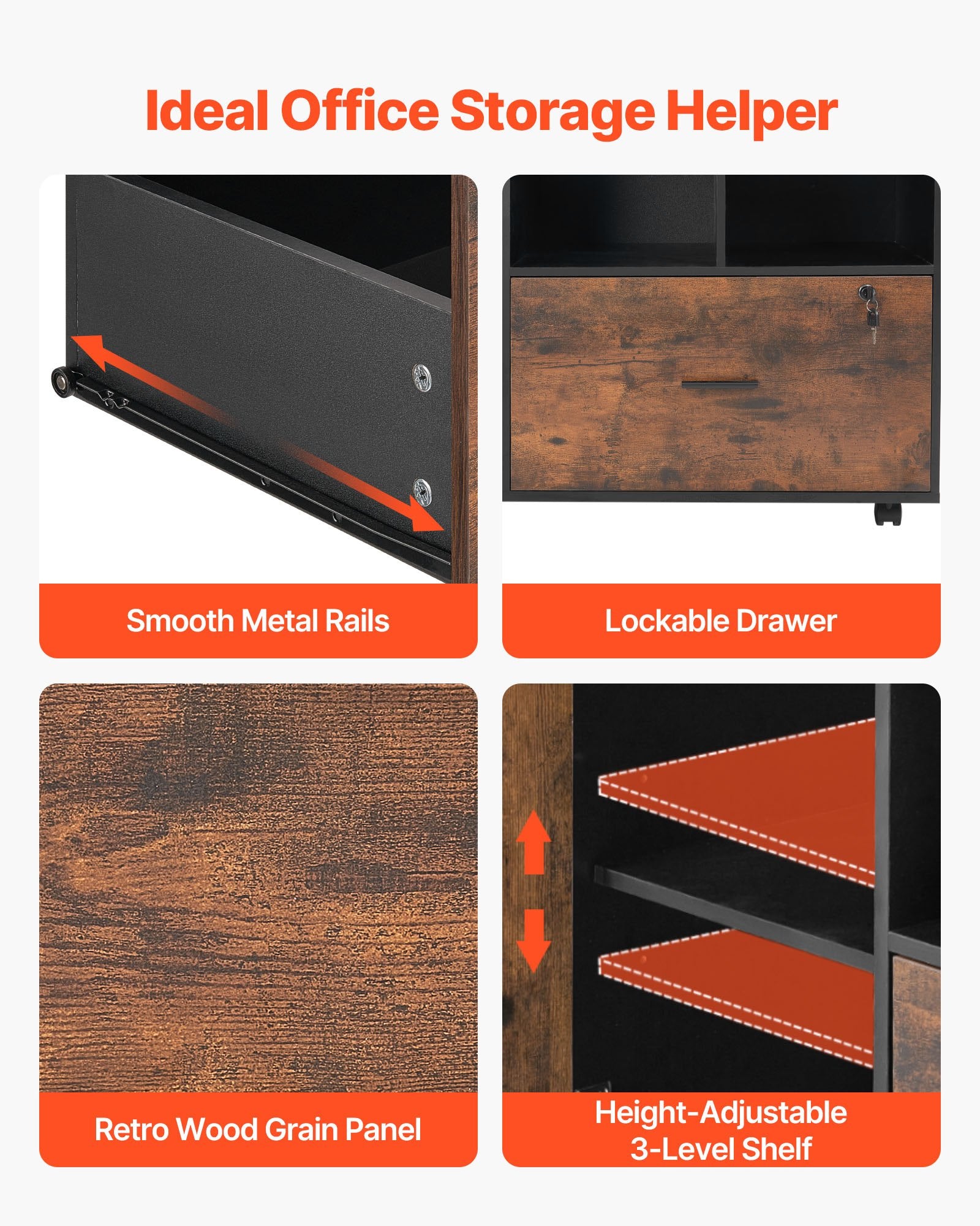 VEVOR Wood File Cabinet Lockable Mobile Filing Cabinet Open Shelves Rustic Brown