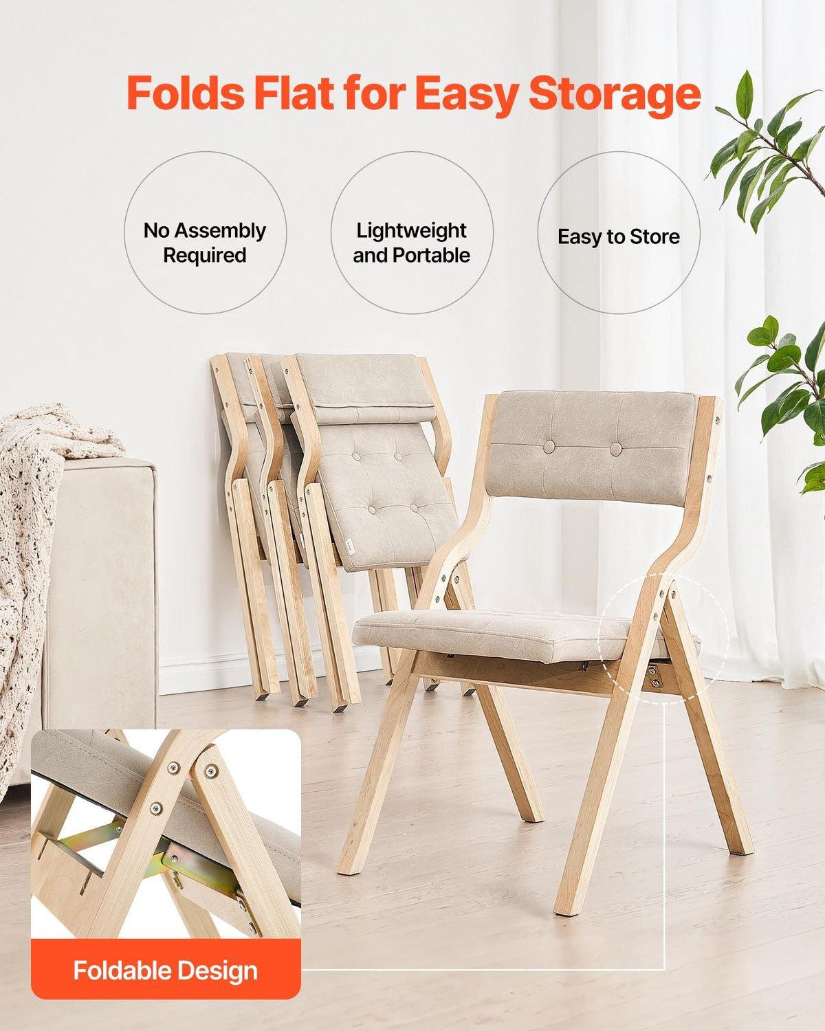 Wooden Folding Chairs with Cushion, Set of 2, Portable Foldable Cushion Chair with Wooden Frame, Modern Padded Dining Chair for Kitchen, Office, Wedding, Party, Dining Room, Easy Assembly, Beige