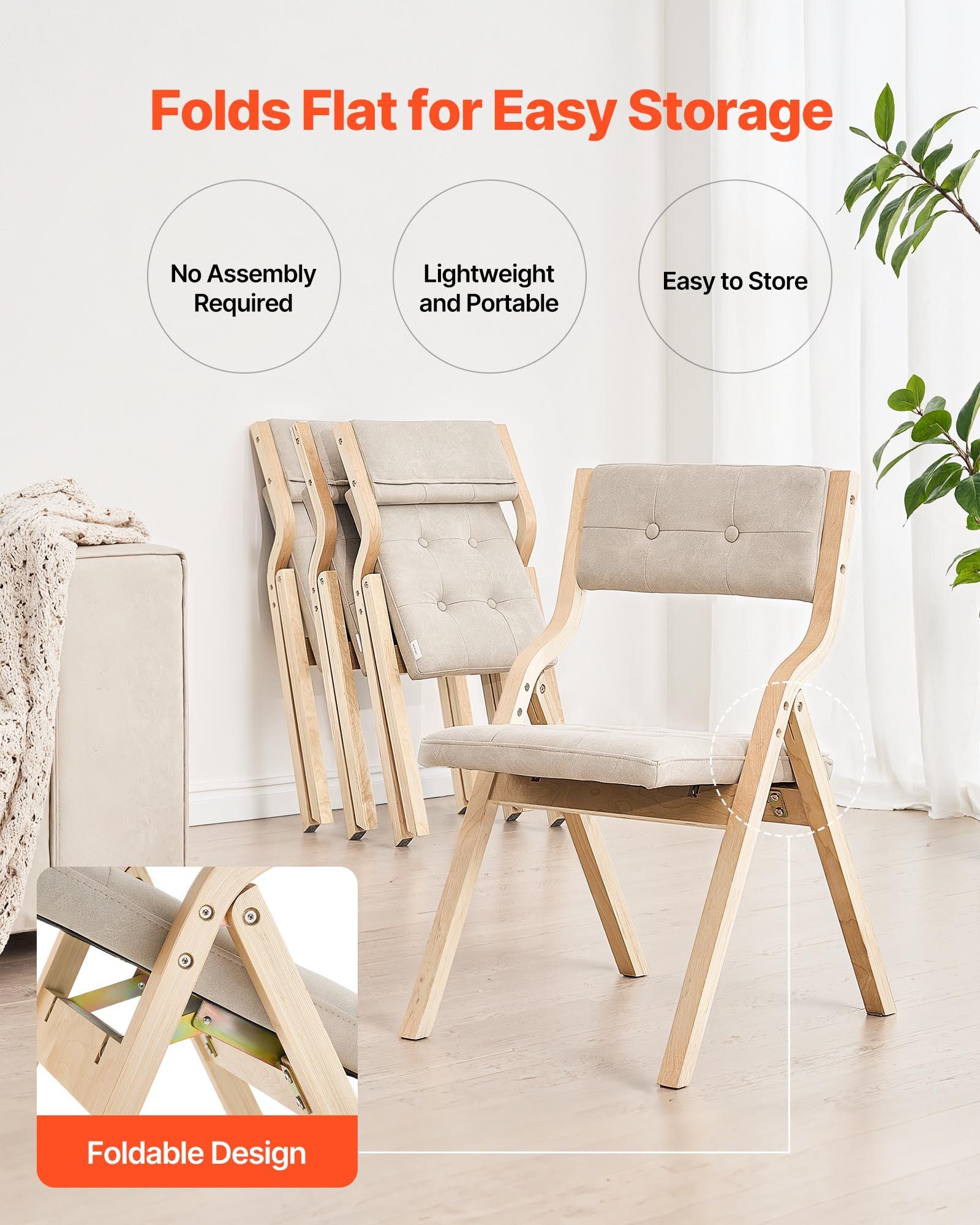 Wooden Folding Chairs with Cushion, Set of 2, Portable Foldable Cushion Chair with Wooden Frame, Modern Padded Dining Chair for Kitchen, Office, Wedding, Party, Dining Room, Easy Assembly, Beige