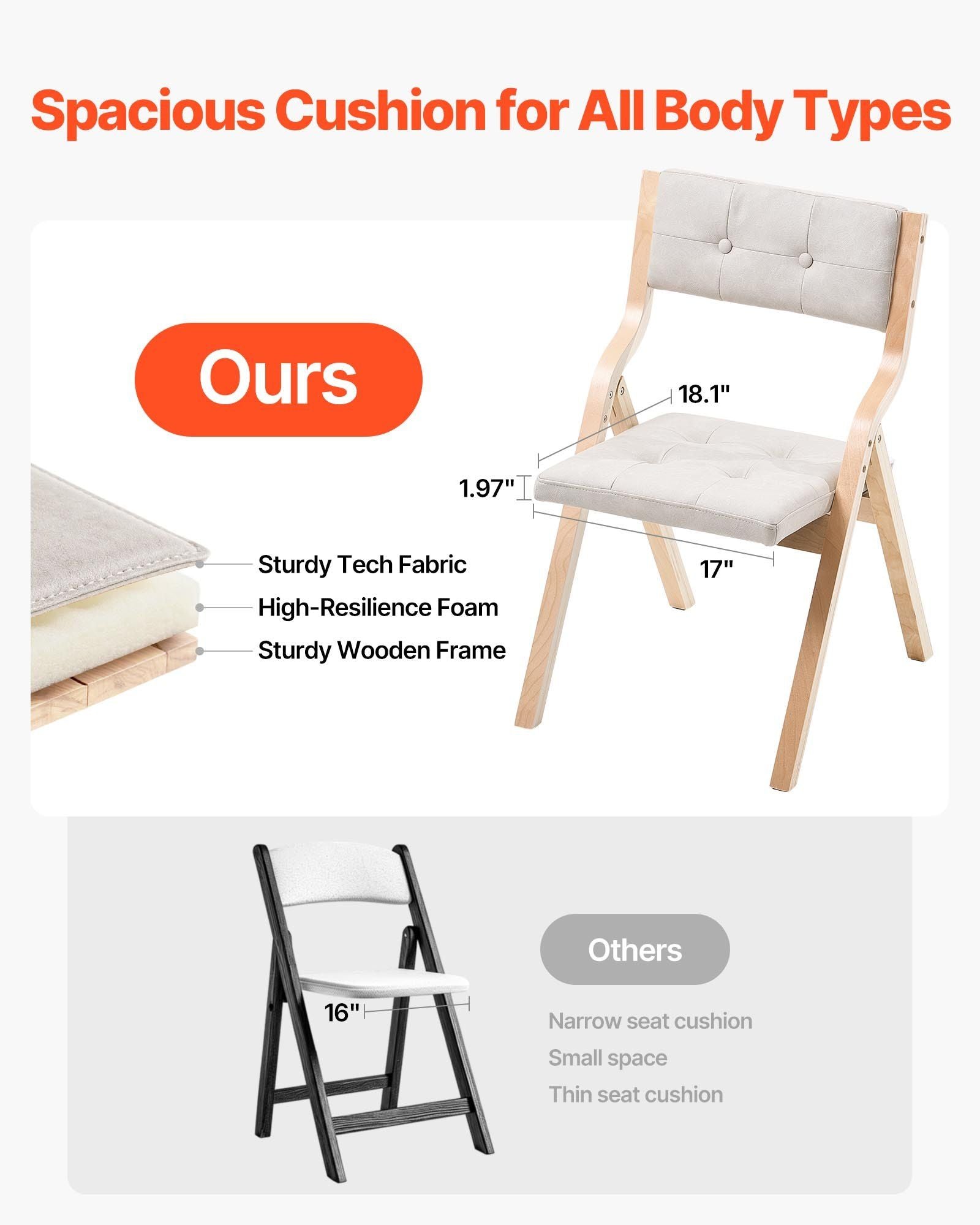 Wooden Folding Chairs with Cushion, Set of 2, Portable Foldable Cushion Chair with Wooden Frame, Modern Padded Dining Chair for Kitchen, Office, Wedding, Party, Dining Room, Easy Assembly, Beige