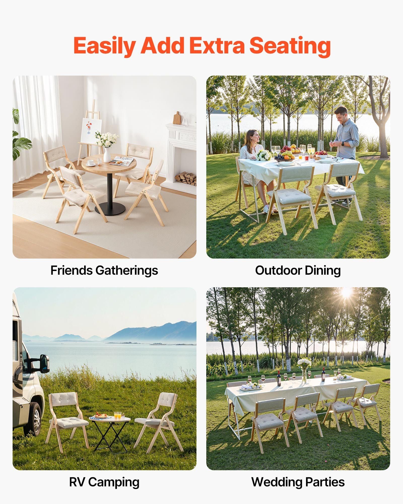 Wooden Folding Chairs with Cushion, Set of 2, Portable Foldable Cushion Chair with Wooden Frame, Modern Padded Dining Chair for Kitchen, Office, Wedding, Party, Dining Room, Easy Assembly, Beige