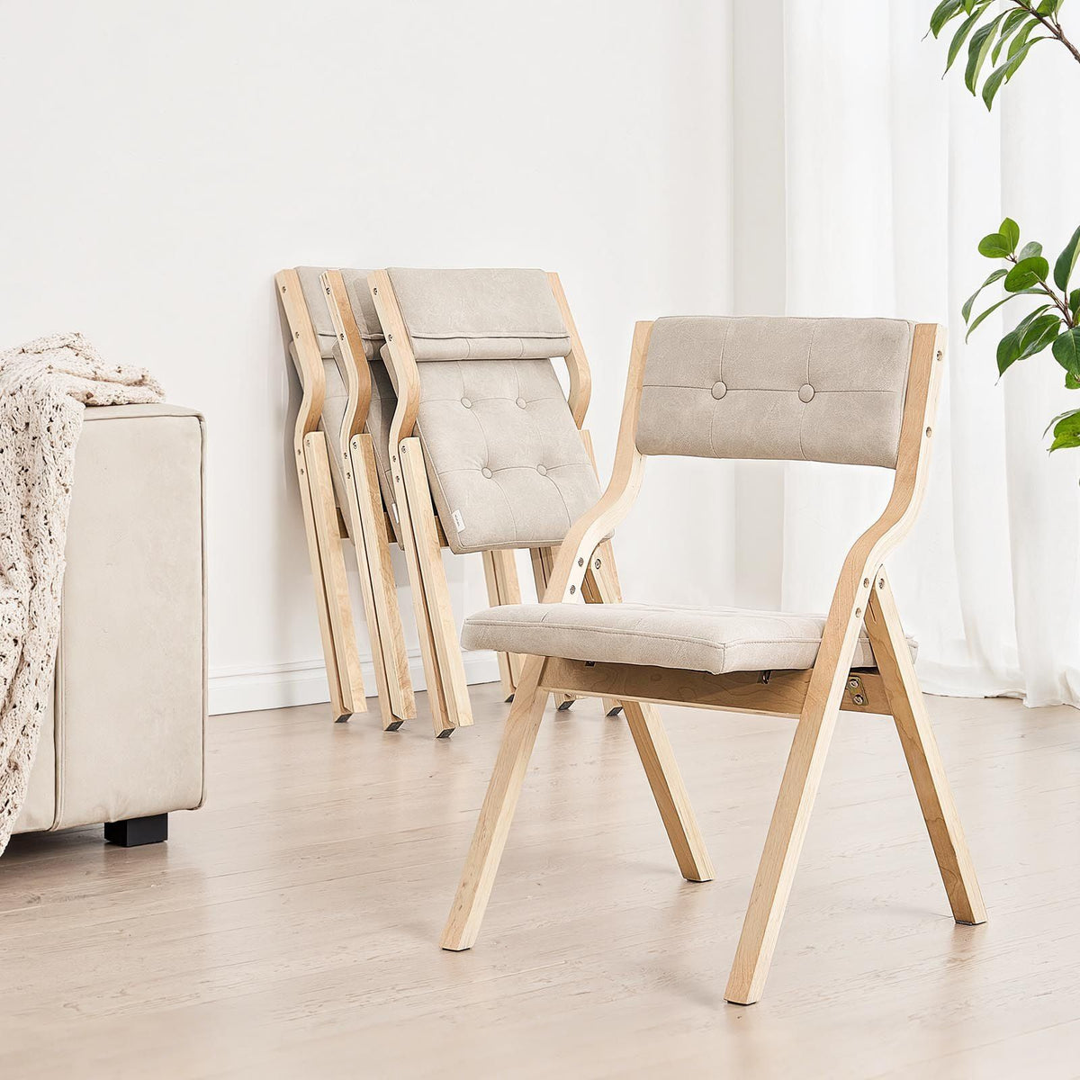 Wooden Folding Chairs with Cushion, Set of 2, Portable Foldable Cushion Chair with Wooden Frame, Modern Padded Dining Chair for Kitchen, Office, Wedding, Party, Dining Room, Easy Assembly, Beige
