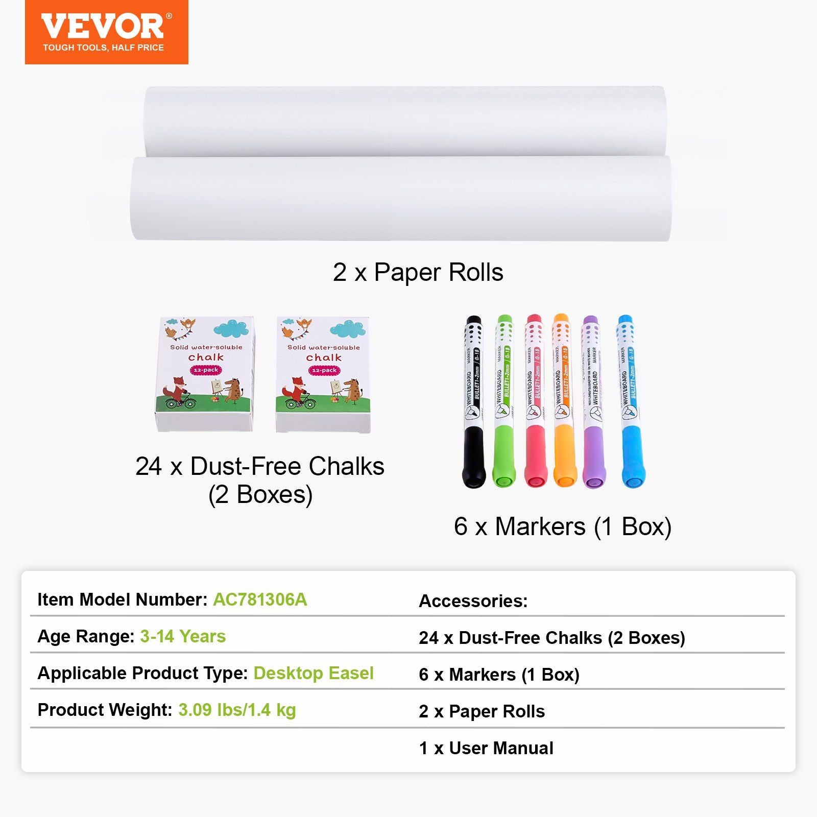 Easel Accessory Set, 32 PCS Kid's Art Easel Painting Kit Including Chalks, Dry-Erase Markers & Paper Rolls, Supplies Set for Tabletop Art Easel, Painting Accessories for Toddlers Boys and Girls