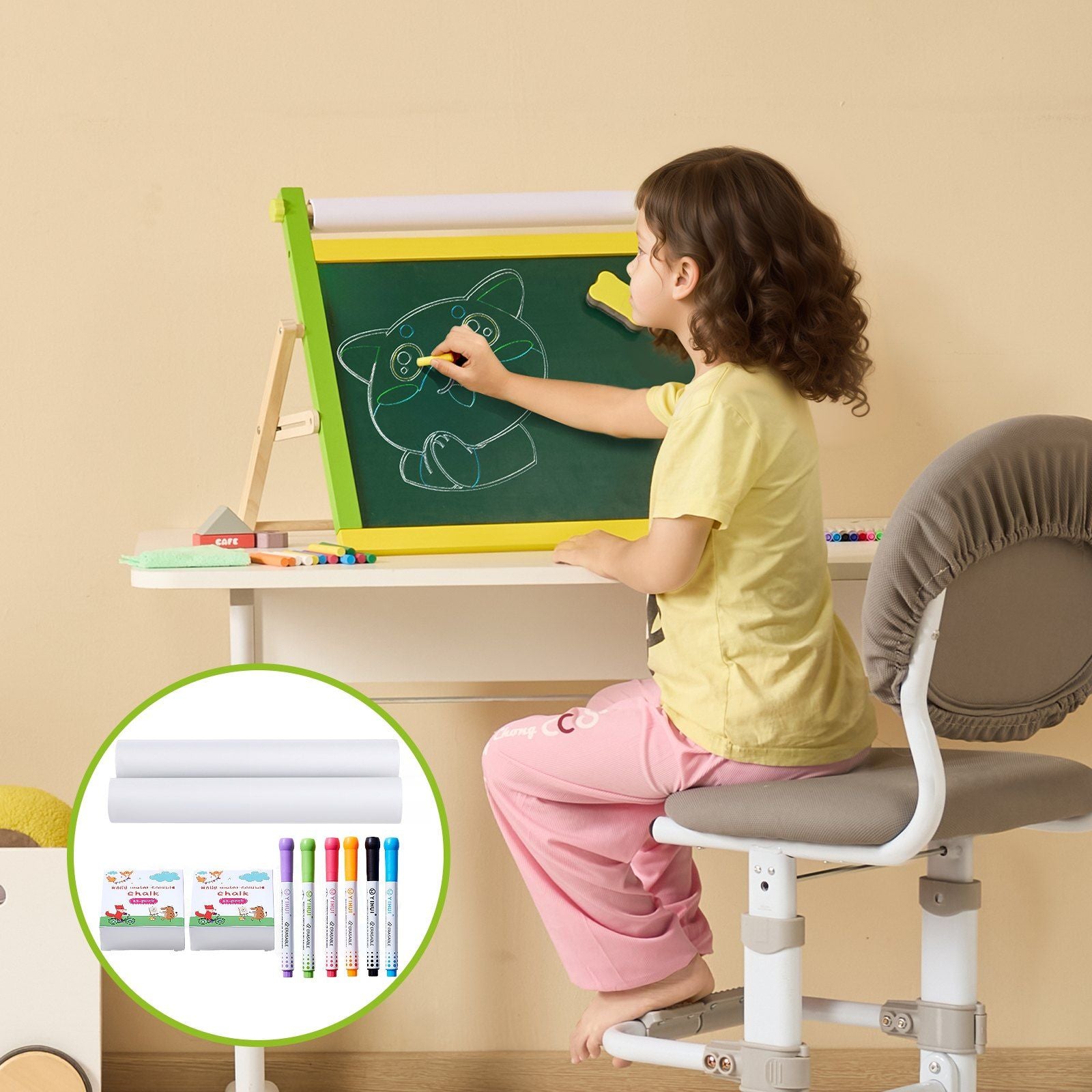 Easel Accessory Set, 32 PCS Kid's Art Easel Painting Kit Including Chalks, Dry-Erase Markers & Paper Rolls, Supplies Set for Tabletop Art Easel, Painting Accessories for Toddlers Boys and Girls