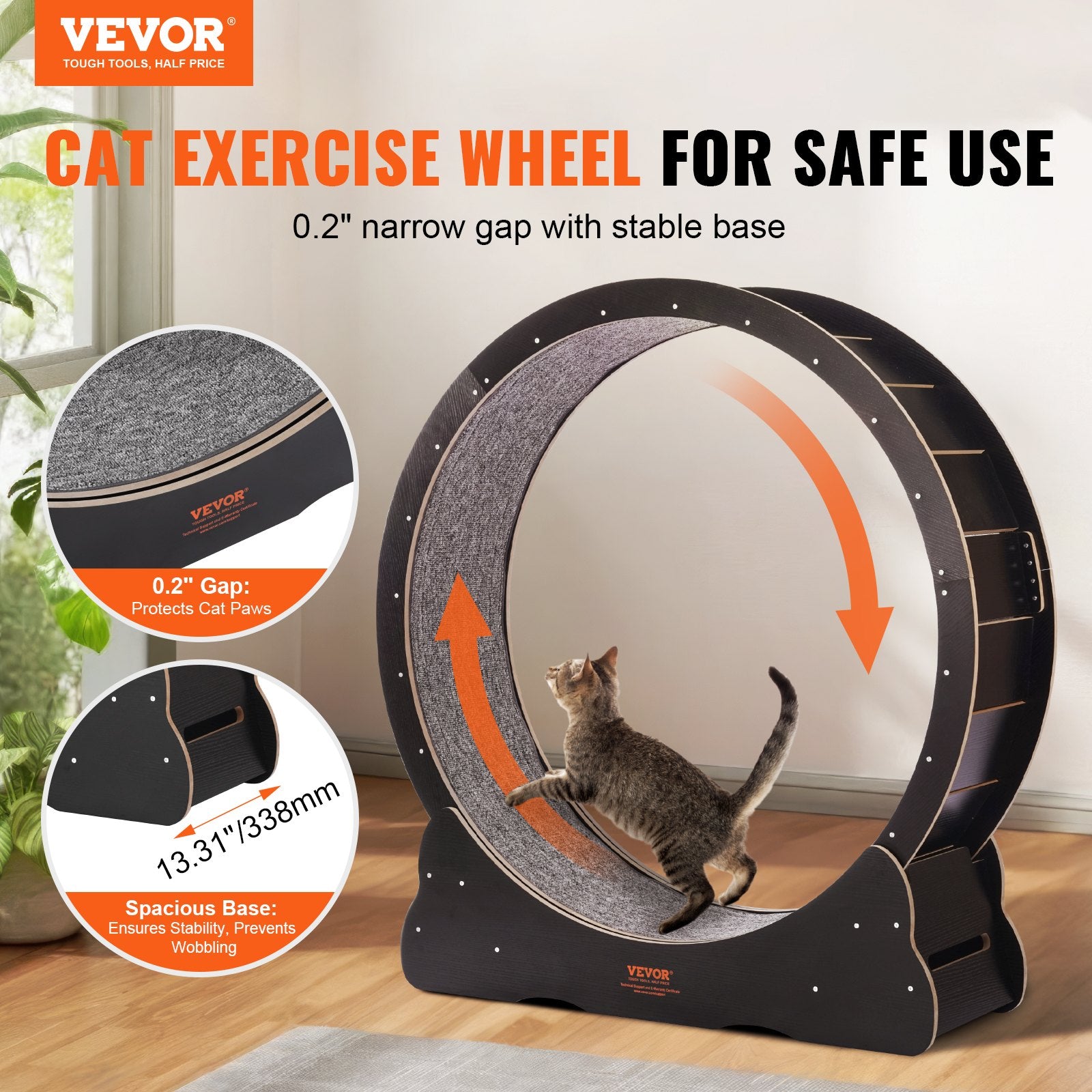 VEVOR Wooden Cat Exercise Wheel, 43.3" Large Cat Treadmill Wheel for Indoor Cats, Cat Running Wheel with Detachable Carpet & Cat Teaser for Running/Walking/Training, Suitable for Most Cats