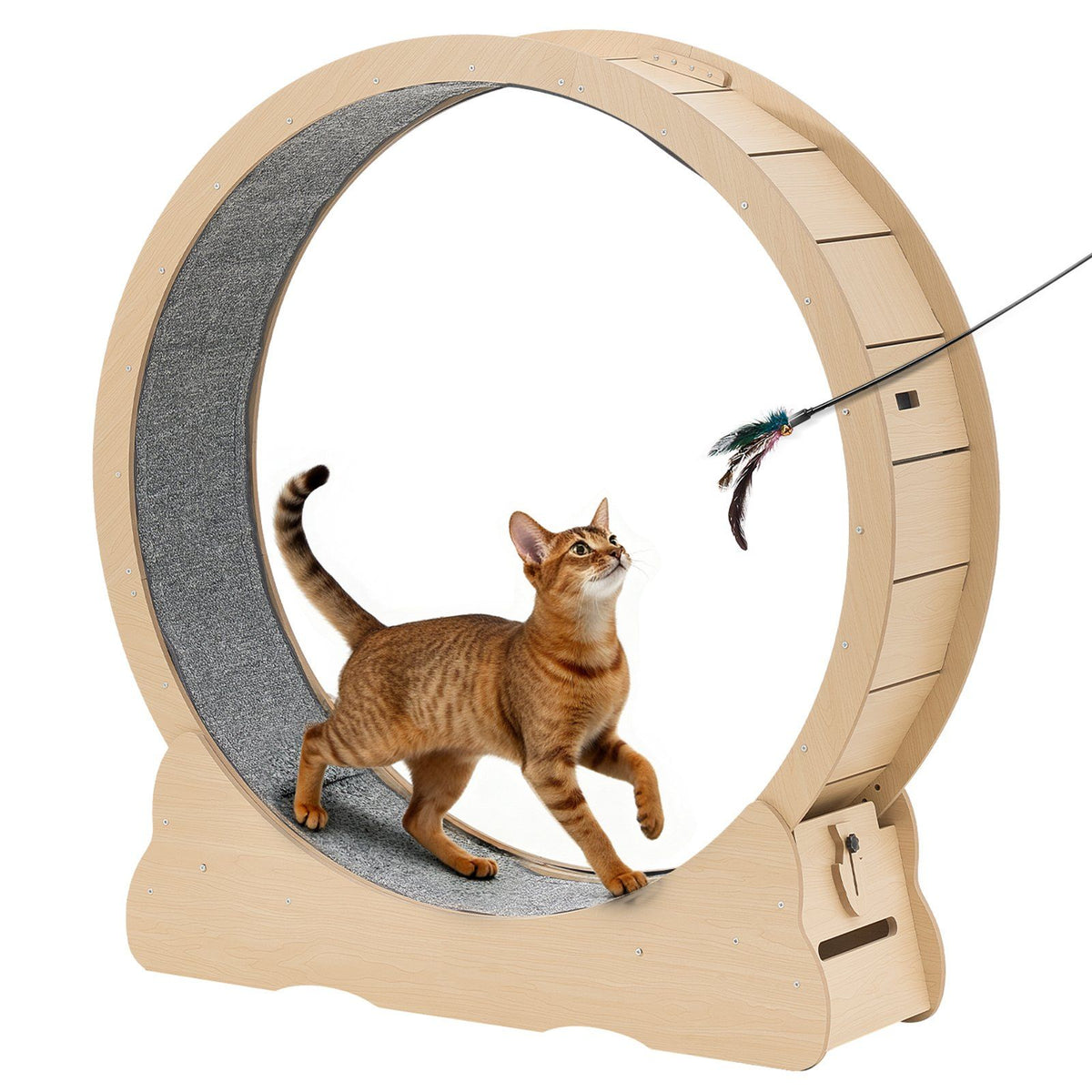 Cat Exercise Wheel, 120cm Wooden Cat Running Wheel for Indoor Cats up to 12.7kg Cats Treadmill with Carpeted Runway &amp; Locking Mechanism, Quiet Roller Kitten Sport Toys for Pets Fitness &amp; Health