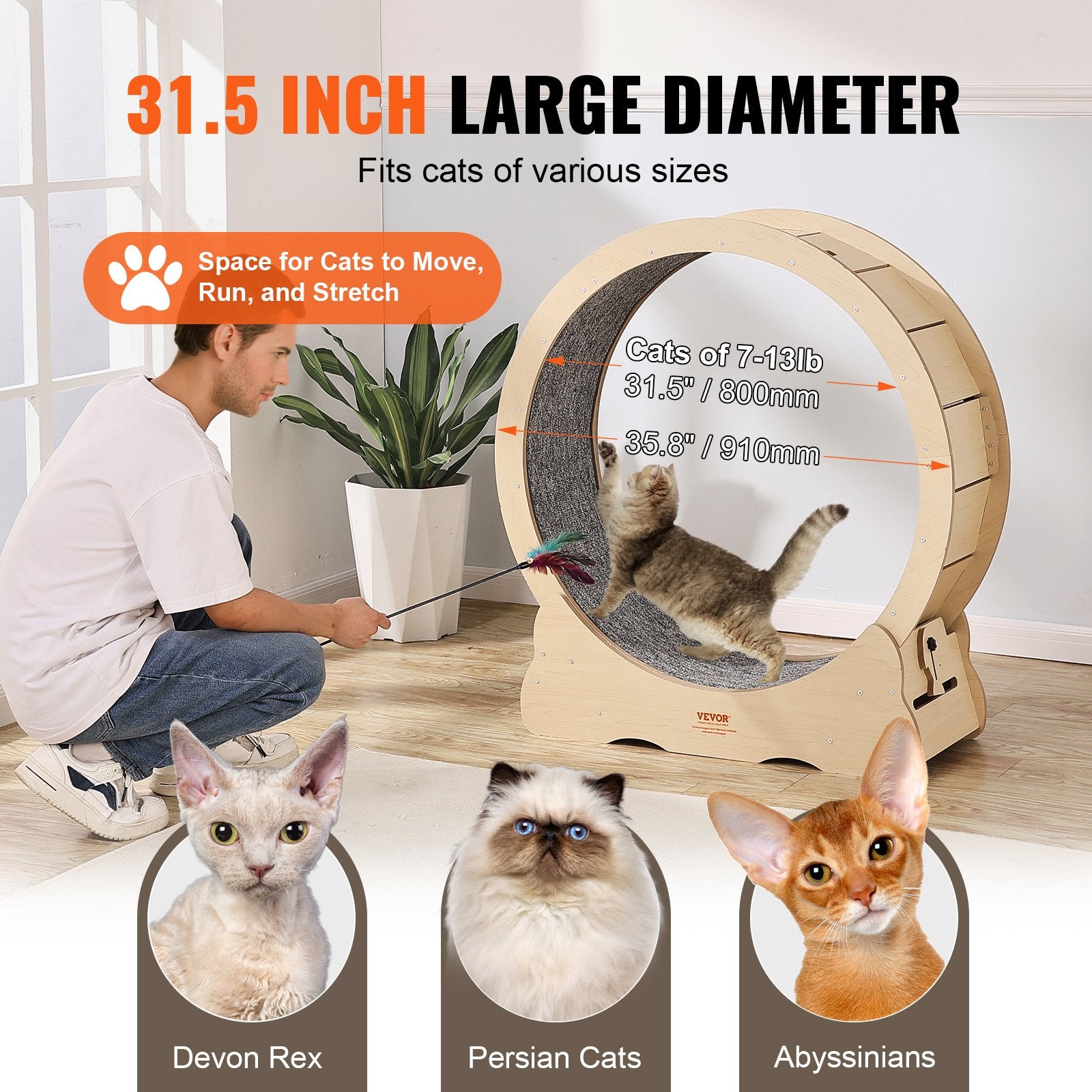 VEVOR Cat Exercise Wheel, Large Cat Treadmill Wheel for Indoor Cats, 35.8 inch Cat Running Wheel with Detachable Carpet and Cat Teaser for Running/Walking/Training, Suitable for Most Cats