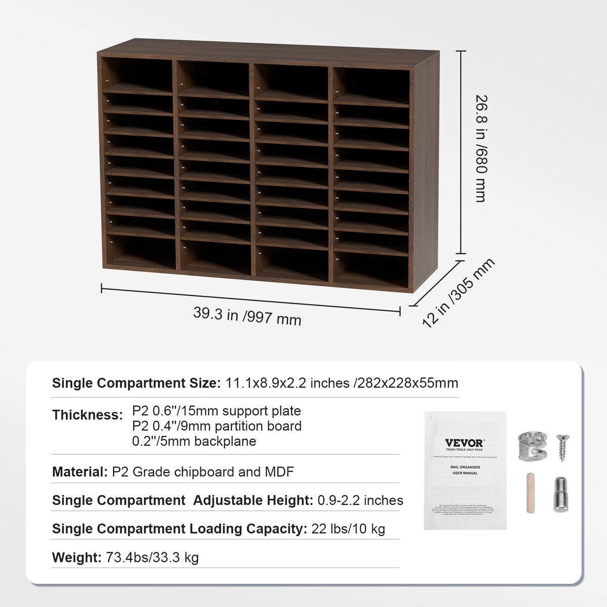 VEVOR Literature Organizers, 36 Compartments Office Mailbox with Adjustable Shelves, Wood Literature Sorter 997x305x680 mm for Office, Home, Classroom, Mailrooms Organization, EPA Certified Brown