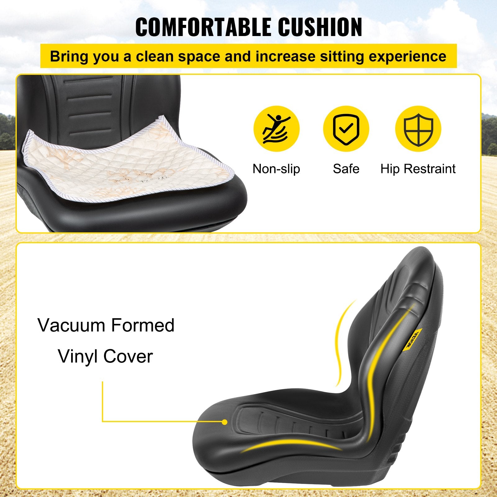 VEVOR Universal Lawn Tractor Seat Replacement, Compact High Back Mower Seat, Black Vinyl Forklift Seat, Central Drain Hole Skid Steer Seat with Mounting Bolt Patterns of 8" x 11.5" & 11.25" x 11.5"
