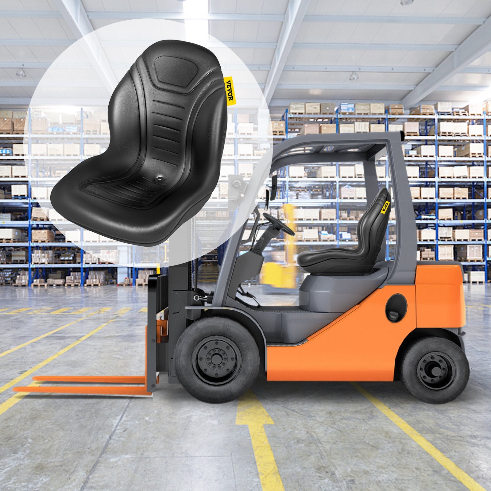 VEVOR Universal Lawn Tractor Seat Replacement, Compact High Back Mower Seat, Black Vinyl Forklift Seat, Central Drain Hole Skid Steer Seat with Mounting Bolt Patterns of 8" x 11.5" & 11.25" x 11.5"