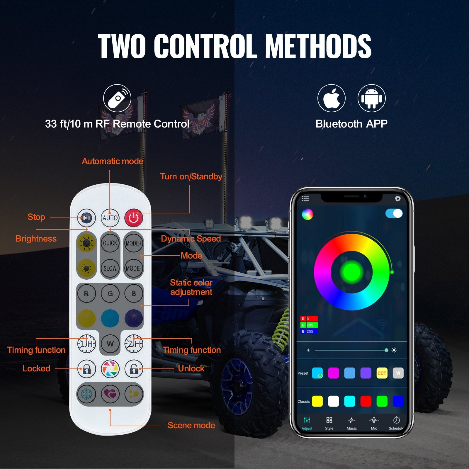 VEVOR 2 PCS 3 FT Whip Light, APP & RF Remote Control Led Whip Light, Waterproof RGB Chasing Lighted Whips with 4 Flags, for UTVs, ATVs, Motorcycles, RZR, Can-am, Trucks, Off-road, Go-karts