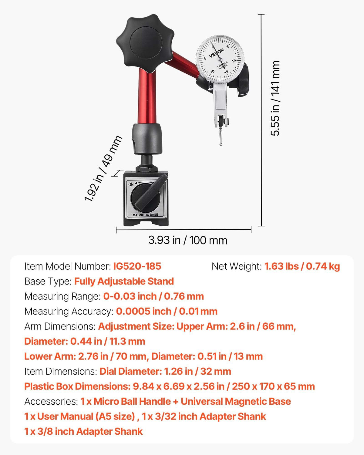 Dial Test Indicator with Universal Magnetic Base and Storage Case, 0.01 mm Accuracy, 0-0.76 mm Range, Micro Ball Handle for Narrow Area Measurement, Industrial Machining & Inspection
