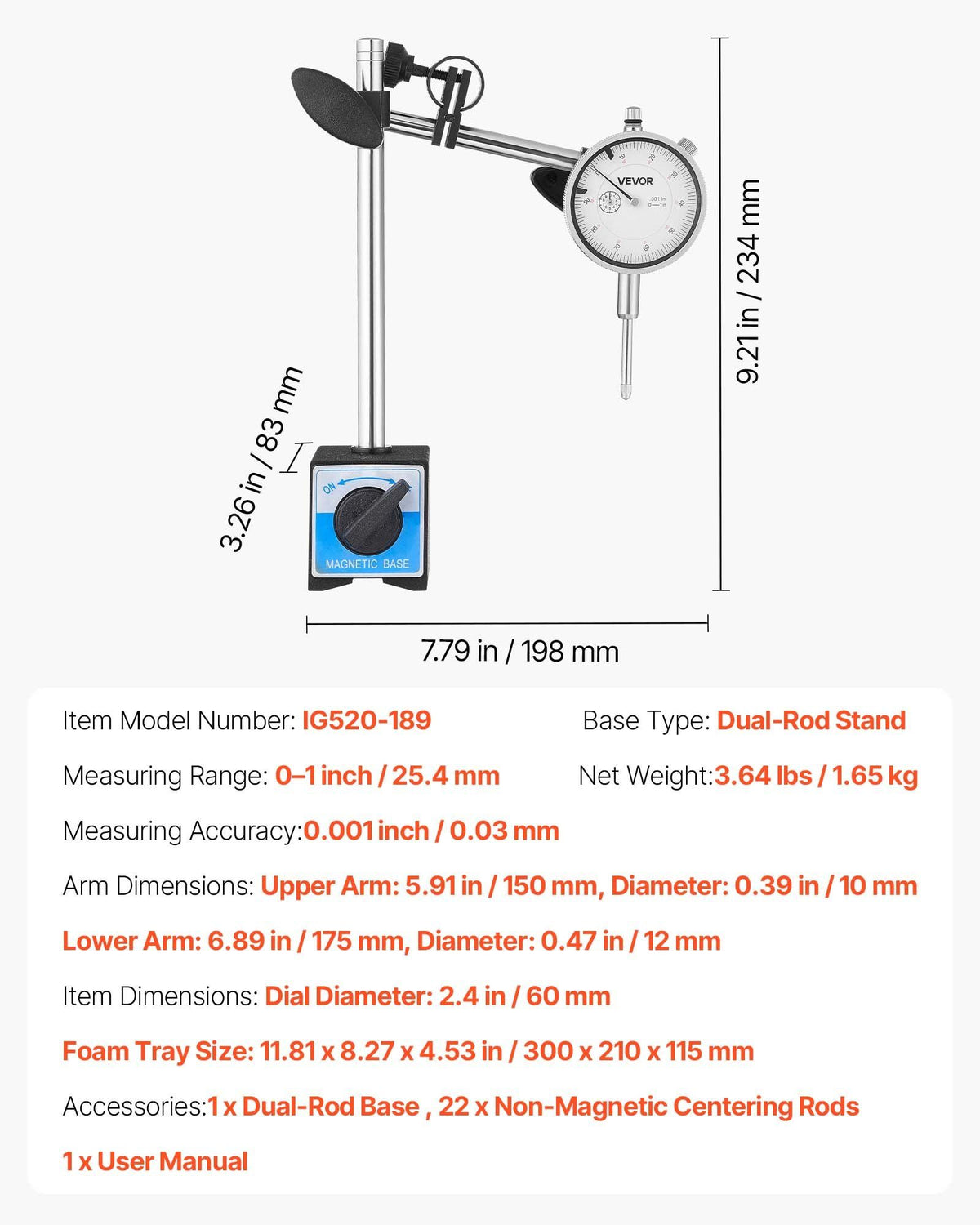 Dial Test Indicator with Dual Rod Stand and Storage Case, 0.03 mm Accuracy, 0-25.4mm Range, Fine Adjustable Long Arm, Non-Magnetic Centering Rods for Machine Set-Up, Narrow Area Measurement